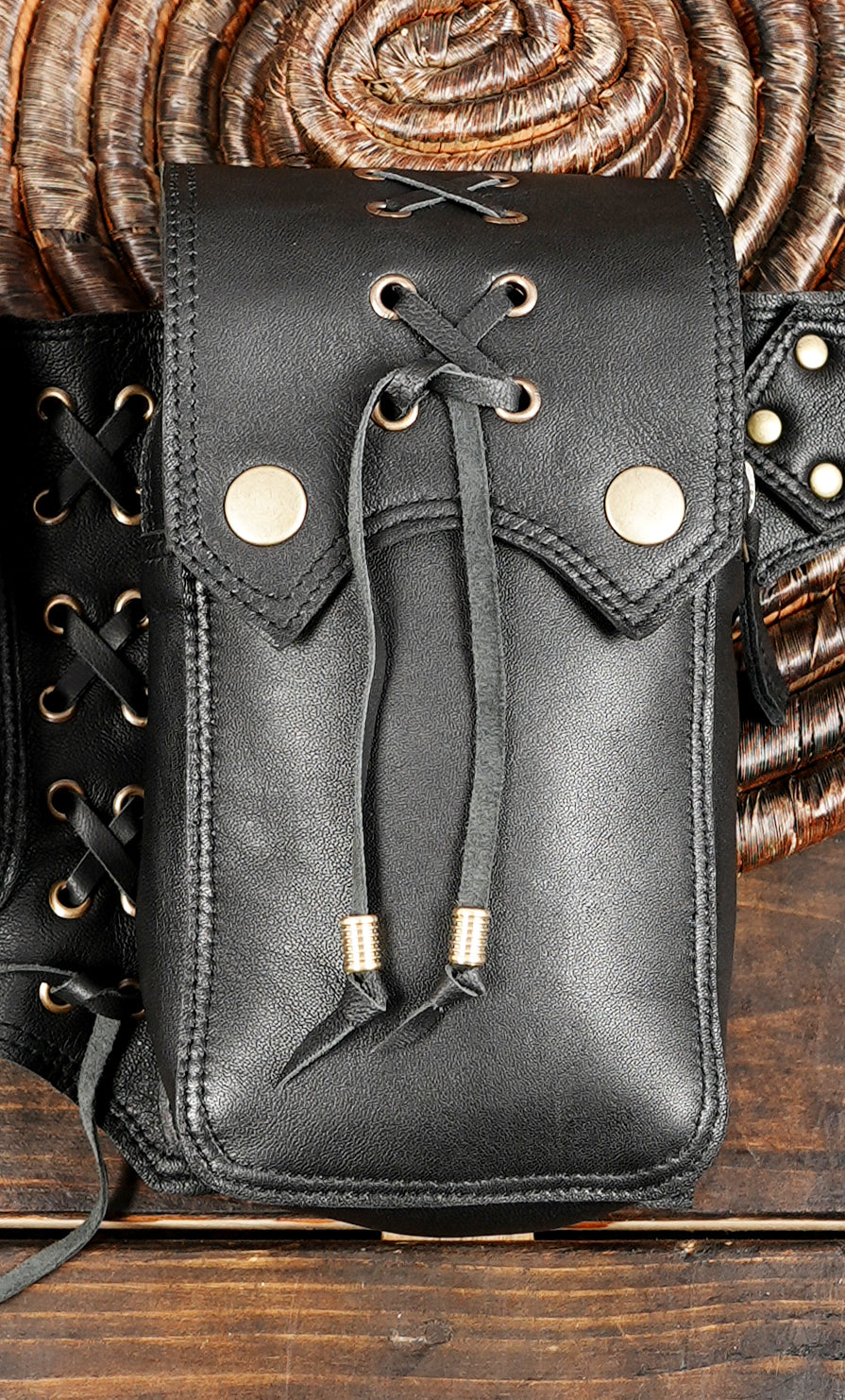 Handmade Black Leather Fringe Belt Bag: Festival Hip Pouch with steel metal 