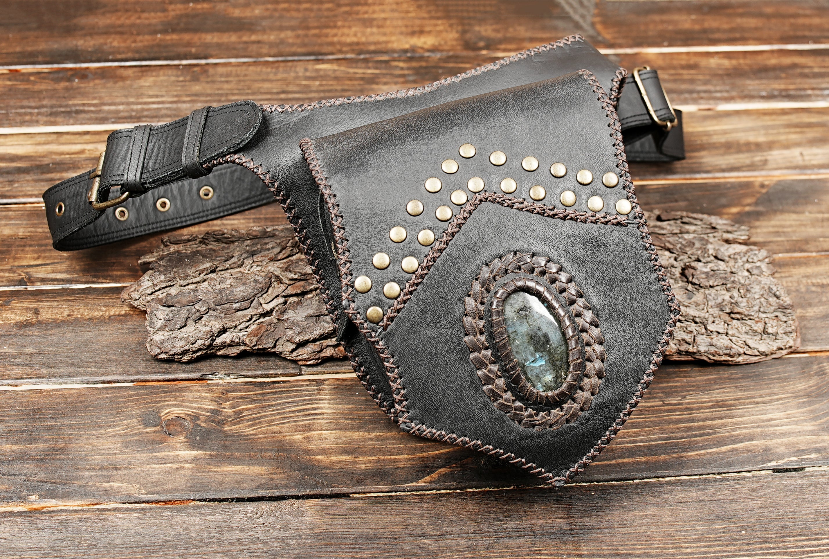 Handmade gemstone belt bag for bikers and steampunk outfits
