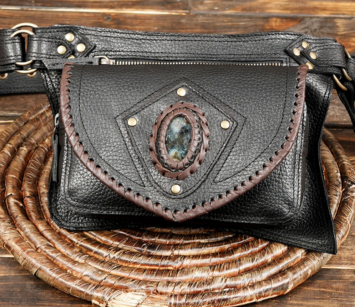 Unisex Leather Festival Belt – Handmade Waist Pouch with Gemstone