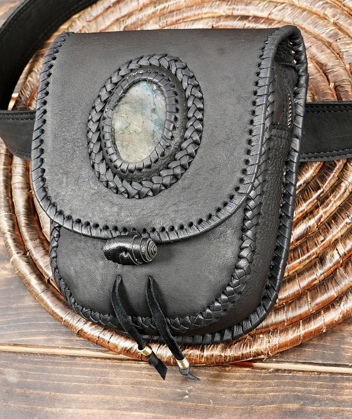 Buy Handmade Black Leather Fringe Waist Bag: Labradorite Gemstone Belt Pouch with unique design 