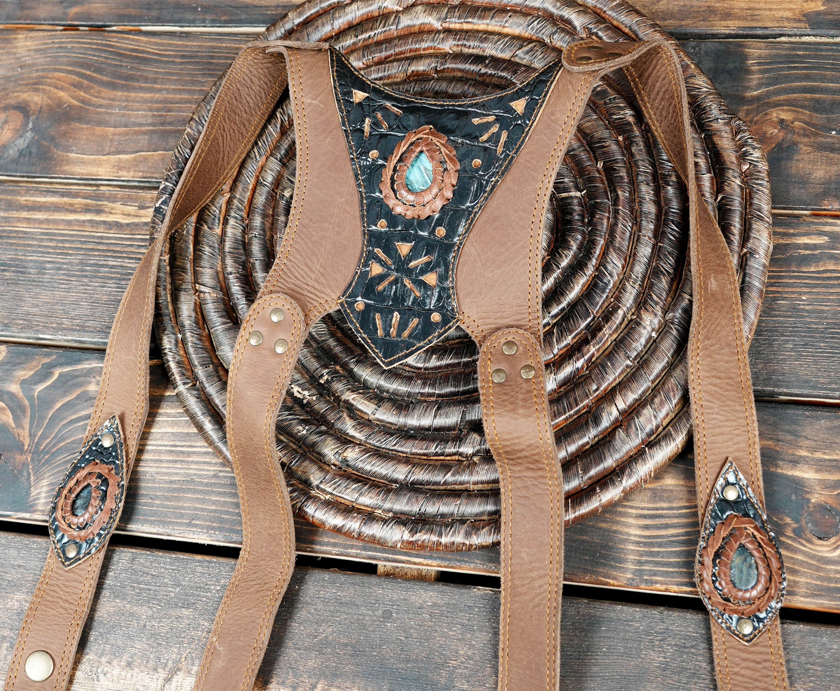 Brown Leather Holster Belt with Stones – Handmade Festival Bag
