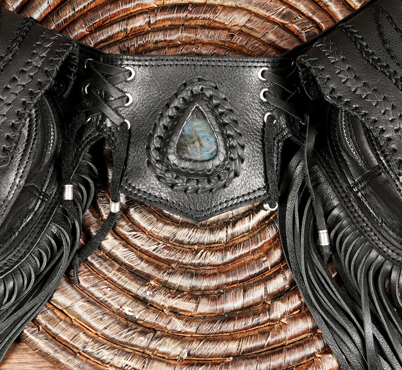 Burning Man Leather Belt Bag With Gemstones – Multi Pocket Utility Festival Waist Bag 