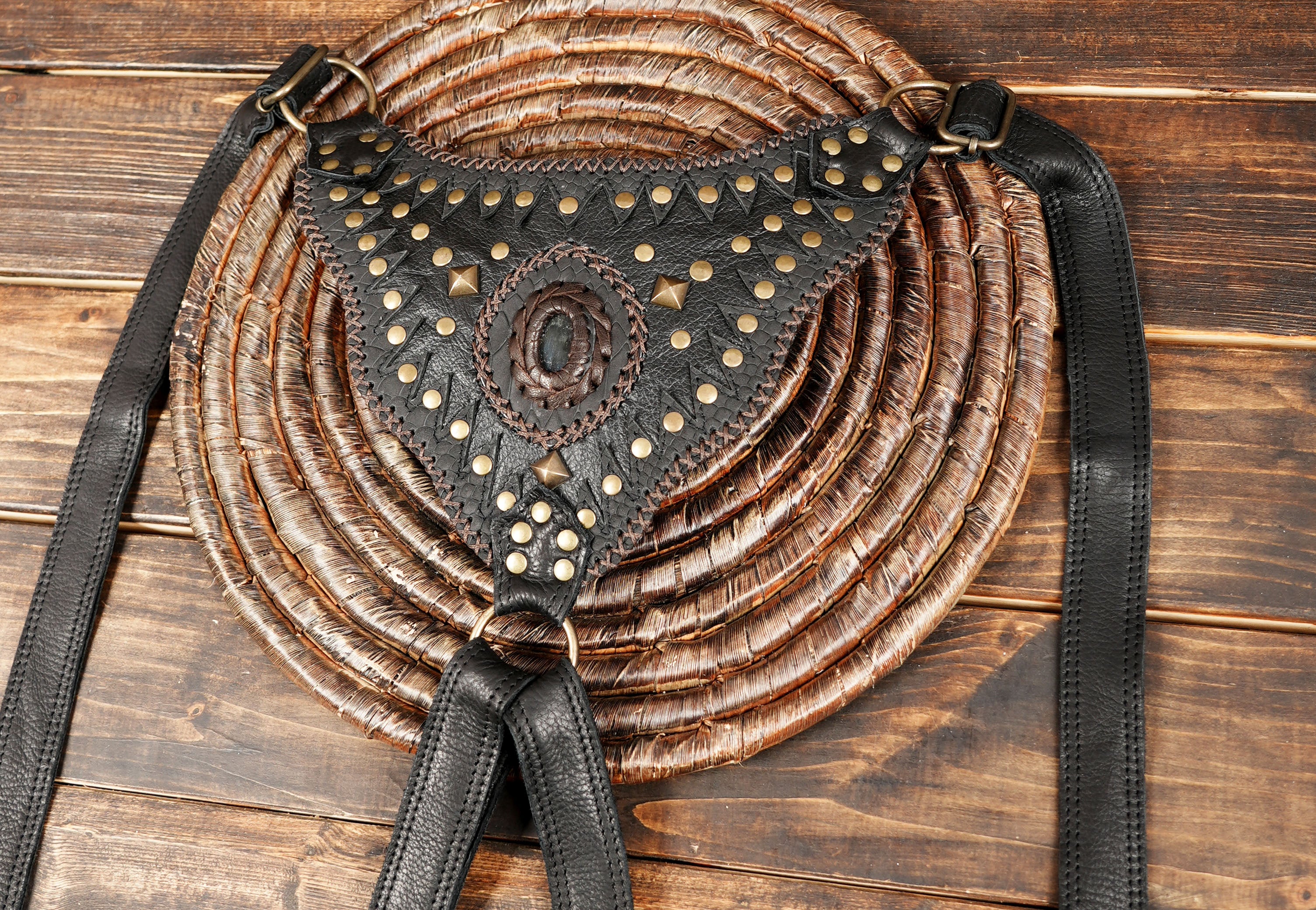 Boho gemstone leather harness bag with adjustable straps