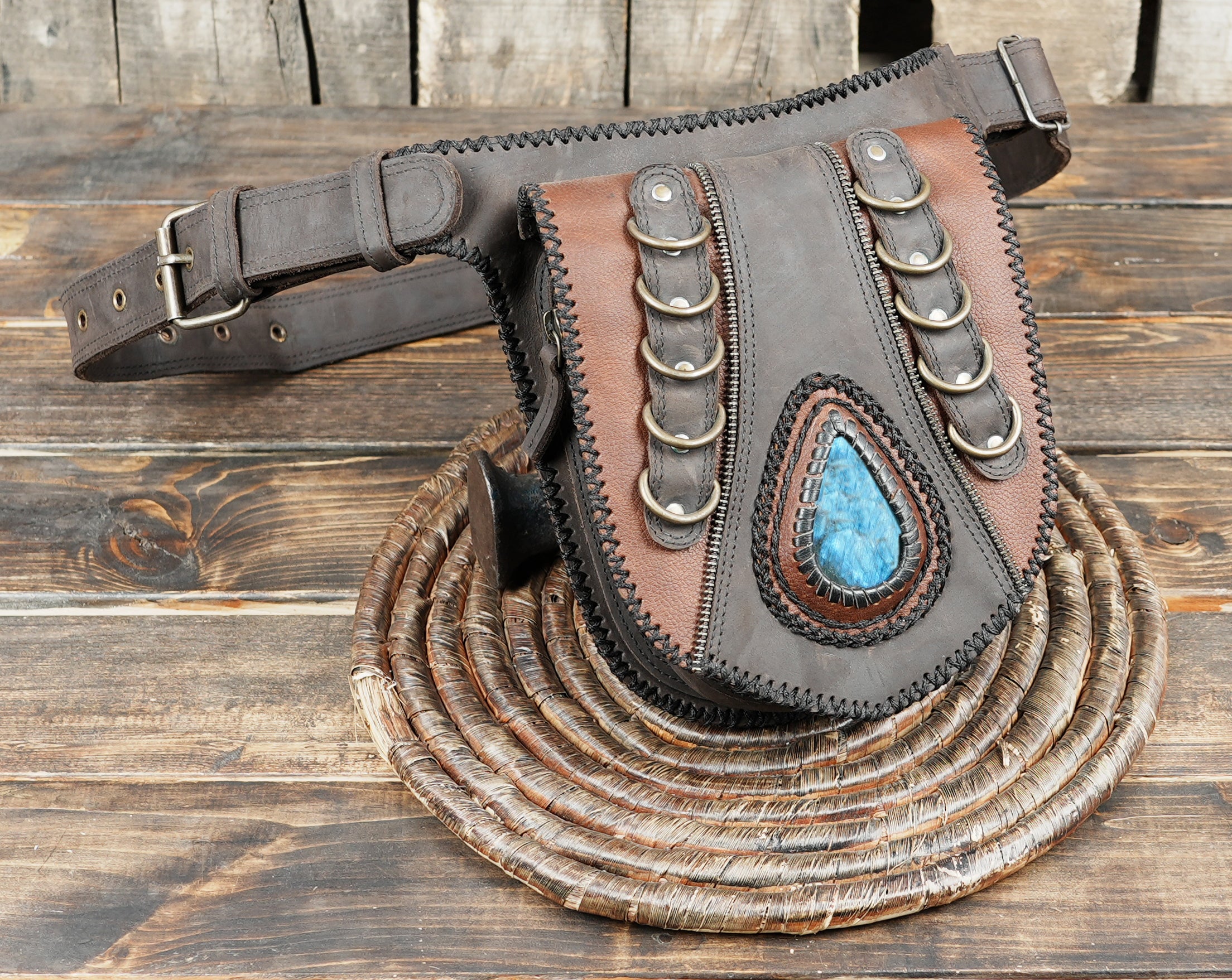 Rustic handmade leather utility belt bag with decorative stone