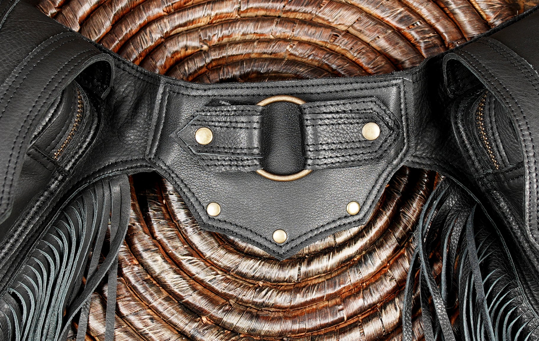 Handmade Black Leather Fringe Waist Bag: Labradorite Gemstone Belt Pouch