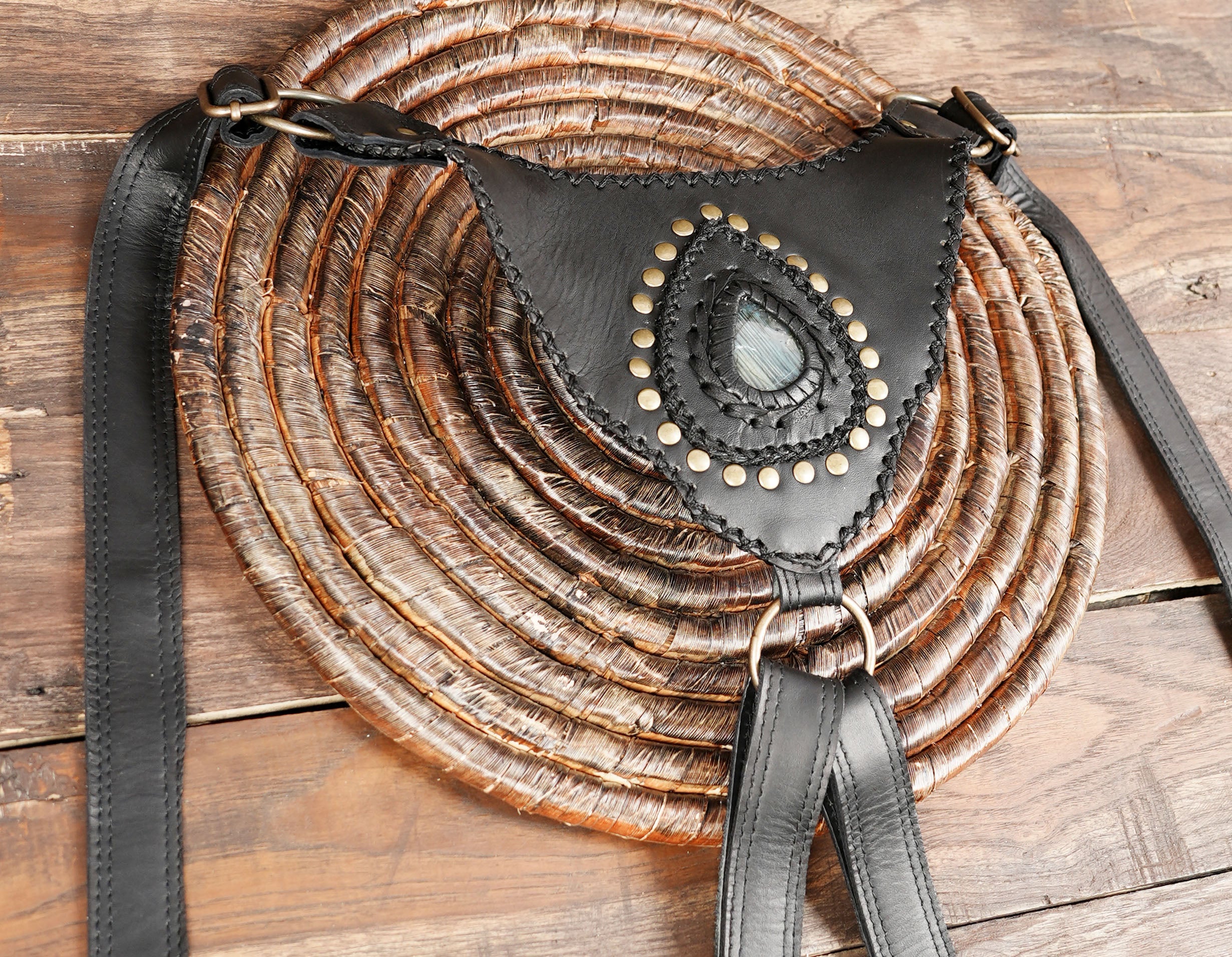 Festival leather holster harness with rivet accents