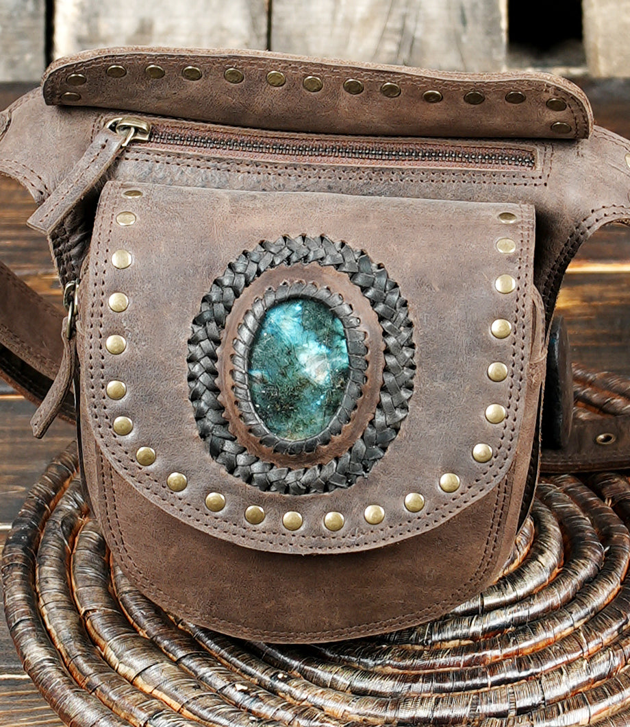 Boho Leather Waist Bag with Natural Gemstones: Free-Spirited Style with steel metal 