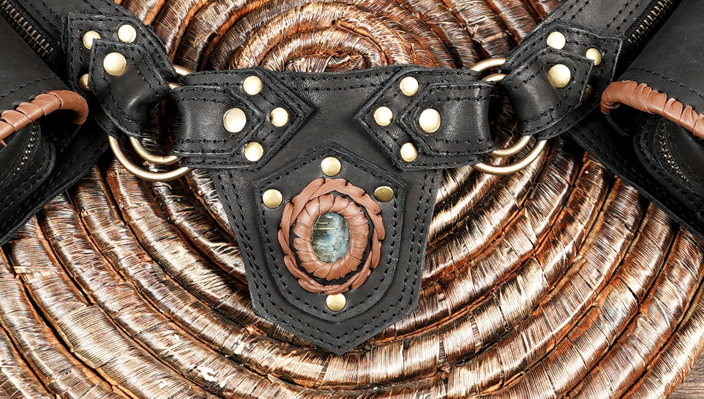 Western festival belt with dual pouches and gemstone center accent