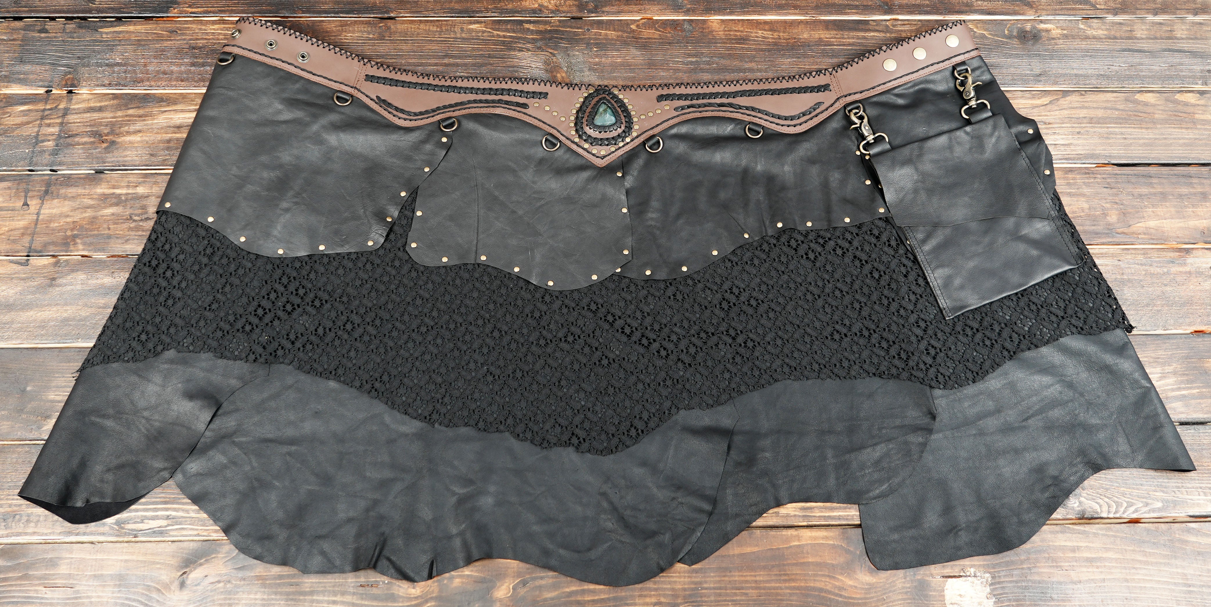 Steampunk Boho Skirt in Leather and Lace with Gemstone Detail”