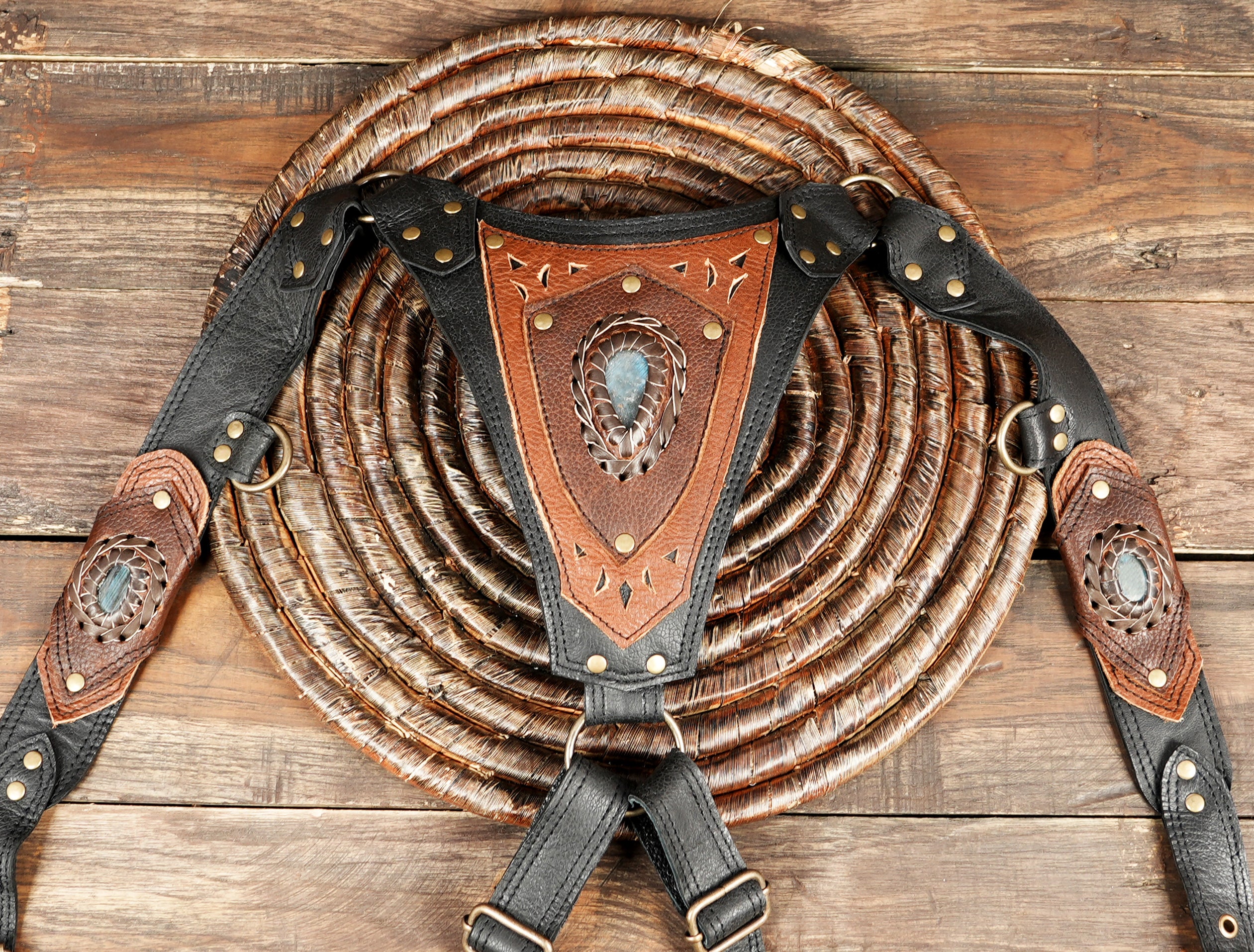 Festival leather harness bag with adjustable straps and brass hardware