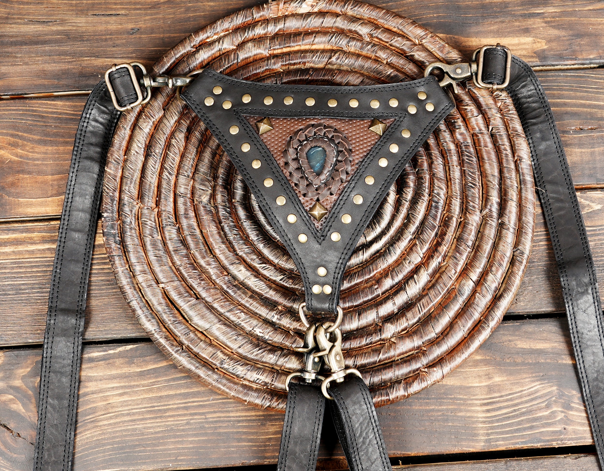 Dual-pouch leather utility bag with gemstone detail