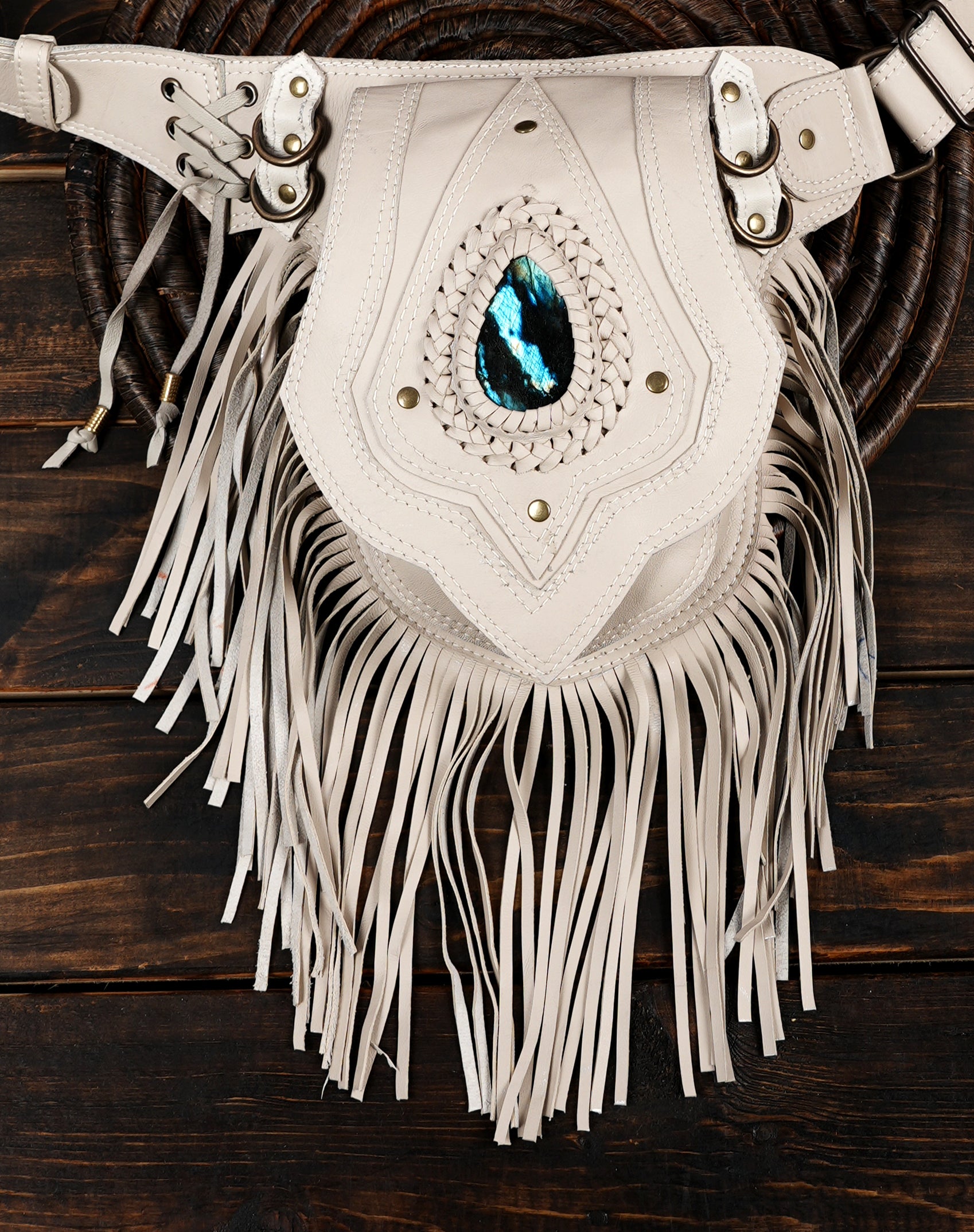 Handmade white Leather Fringe Belt Bag: Festival Hip Pack