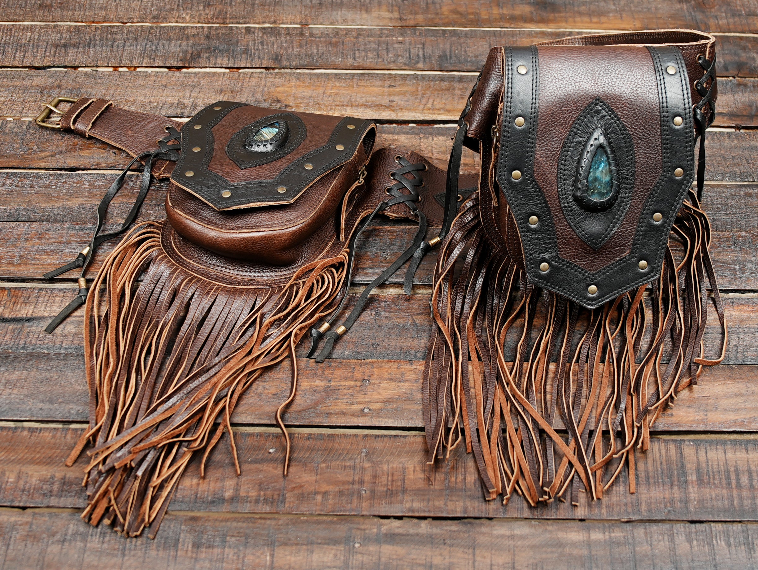 Dual pouches with gemstone accents for a unique look