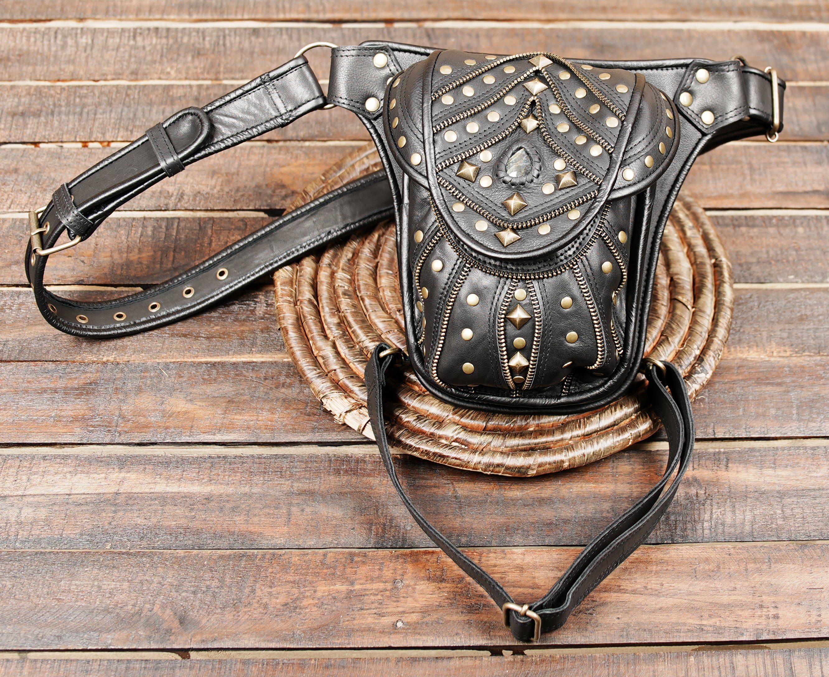 leather utility belt pouch with real gems stone men and women 