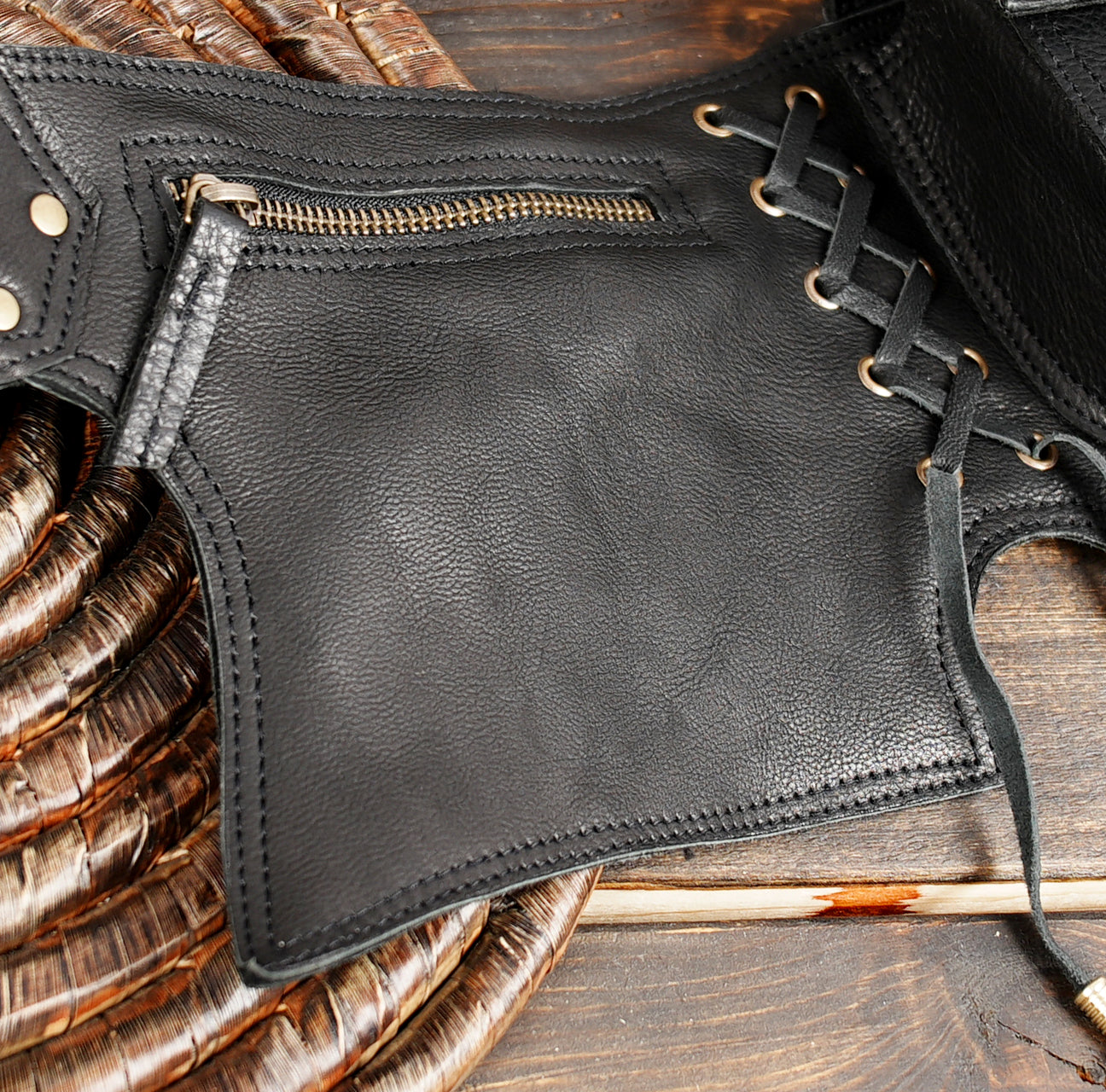 Steampunk black leather thigh pouch with metal studs and adjustable straps