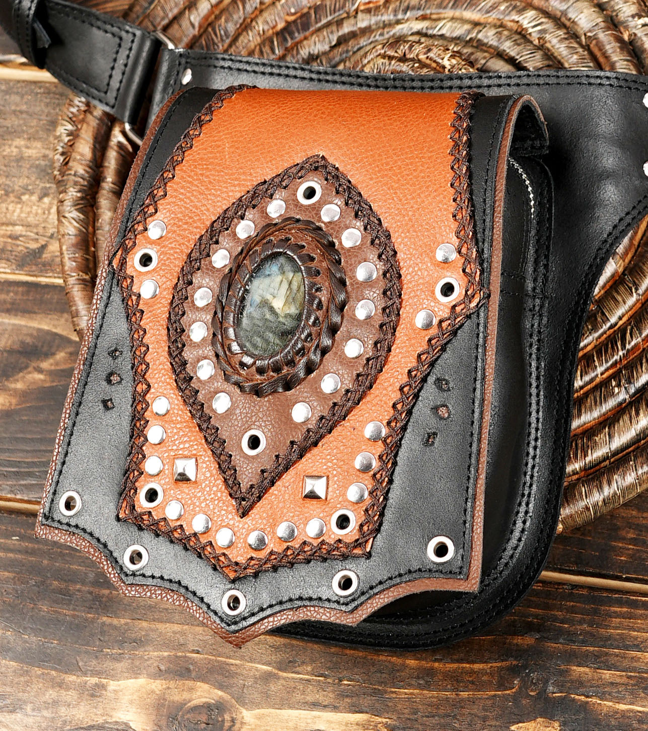 Black & Brown Leather Waist Bag – Steampunk & Tribal Cosplay Belt