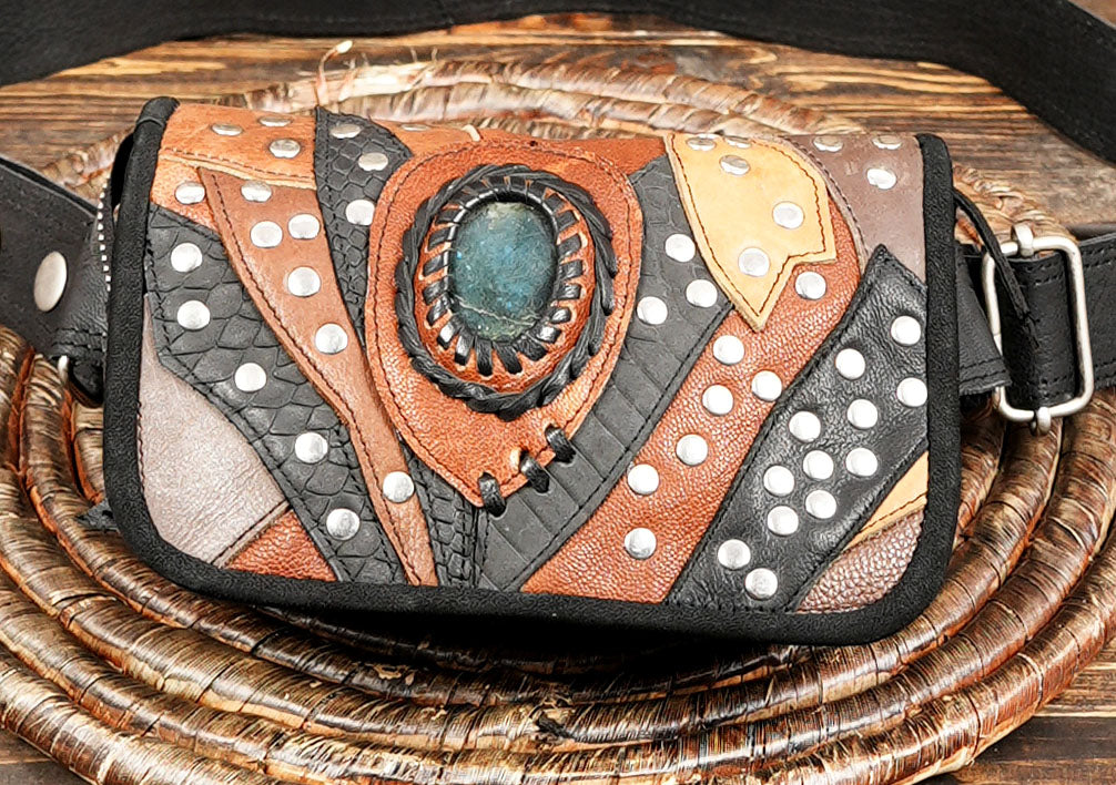 Boho Leather Waist Belt with Stone – Steampunk & Festival Fashion Pouch