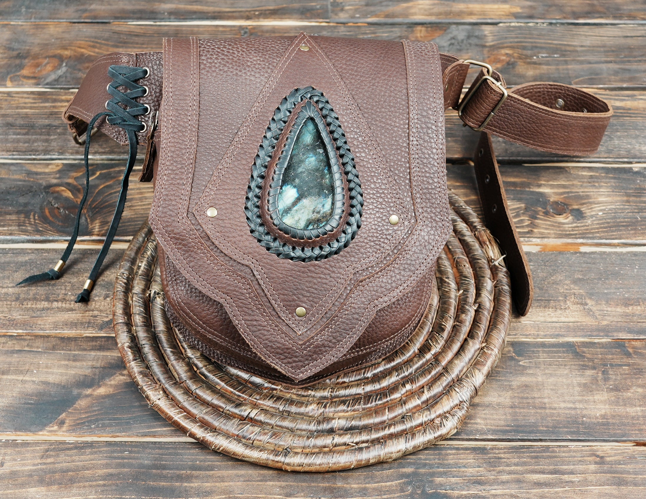 Handcrafted Brown Leather Waist Belt Bag with Gemstone Detail || Festival Leather Utility Belt Pouch with Teardrop Stone Accent For Unisex (LT/AB/WB/6177)