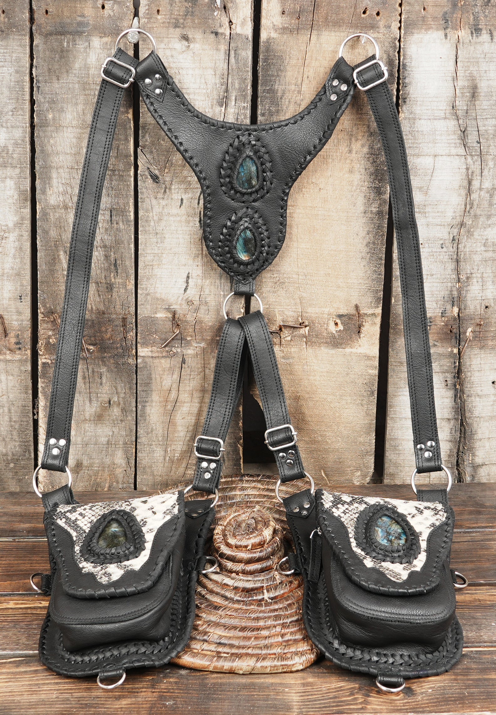 Adjustable fantasy leather shoulder rig with snakeskin panel accents