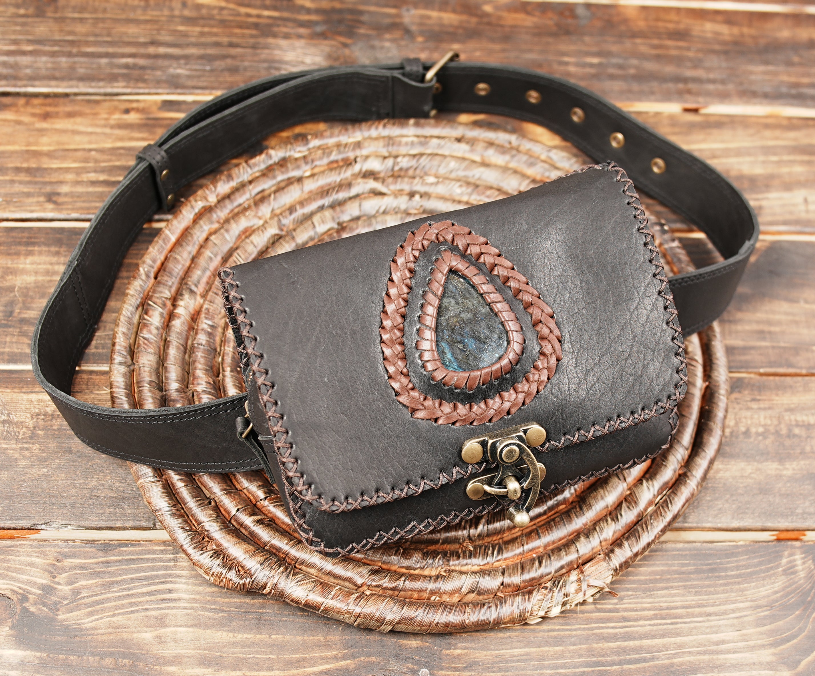 Leather Hip Bag With Gemstones, Renaissance Style Leather Pouch ,pouch With Gemstone, WITH LOCKER 