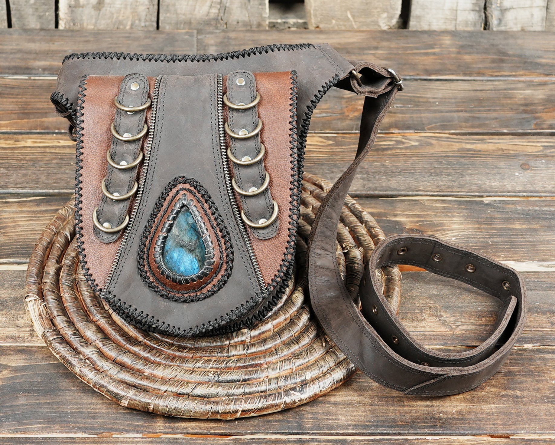 cosplay leather waist pouch with stitched trim detailing