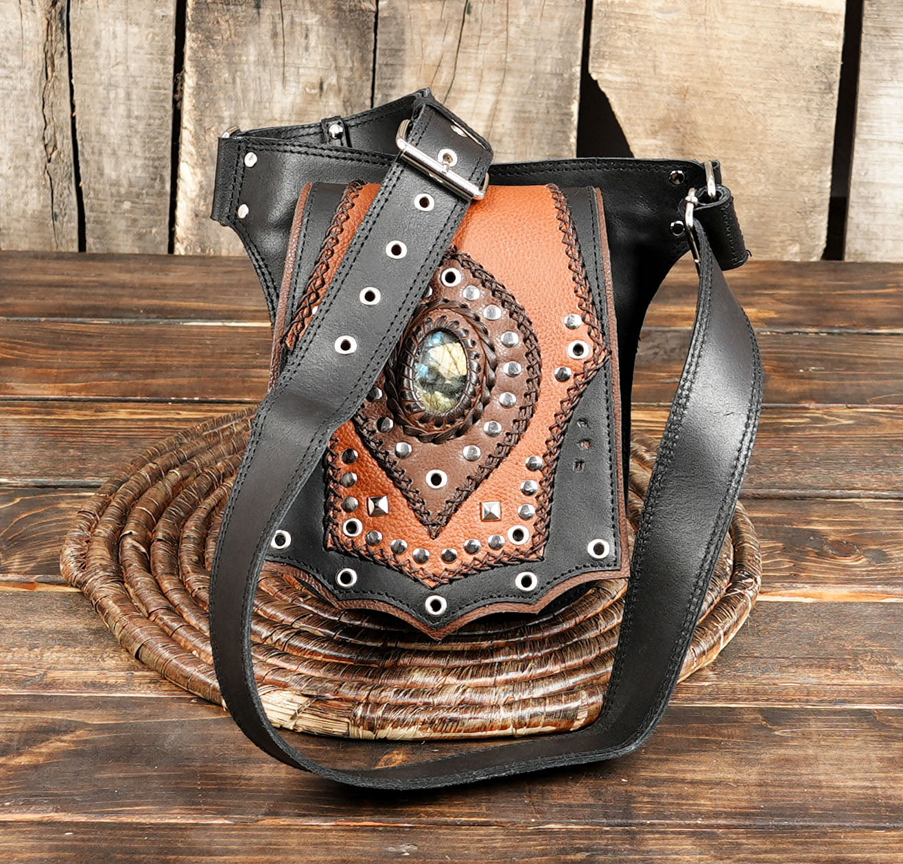Leather Waist Holster with Stone – Burning Man & Boho Festival Utility Belt