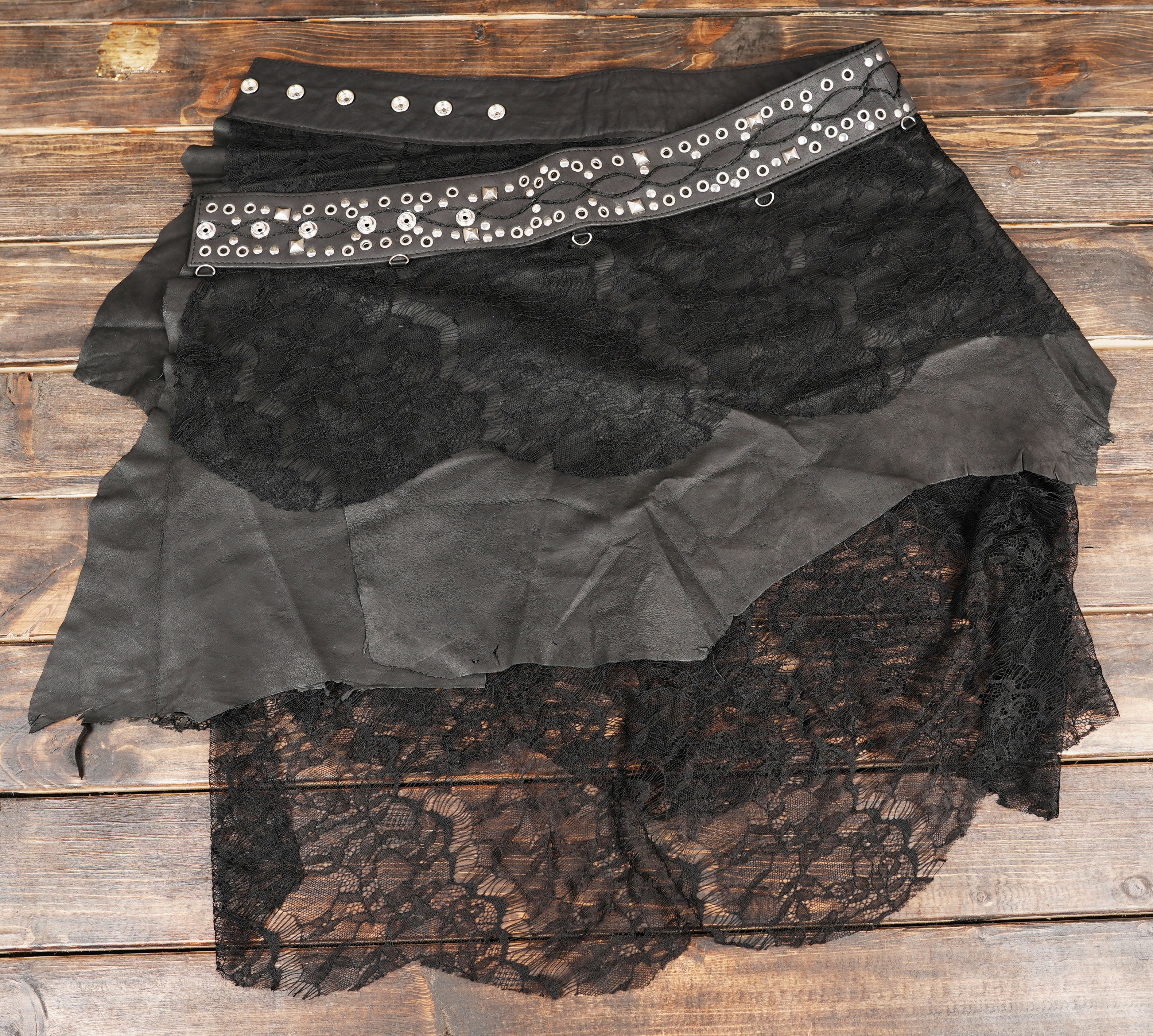 Handmade leather skirt, Black lace skirt, Studded waist skirt, Gothic boho skirt, Layered lace design, Festival leather skirt, Unisex gothic outfit, Boho festival wear, Handmade fashion (LT/NS/SKT/6009)