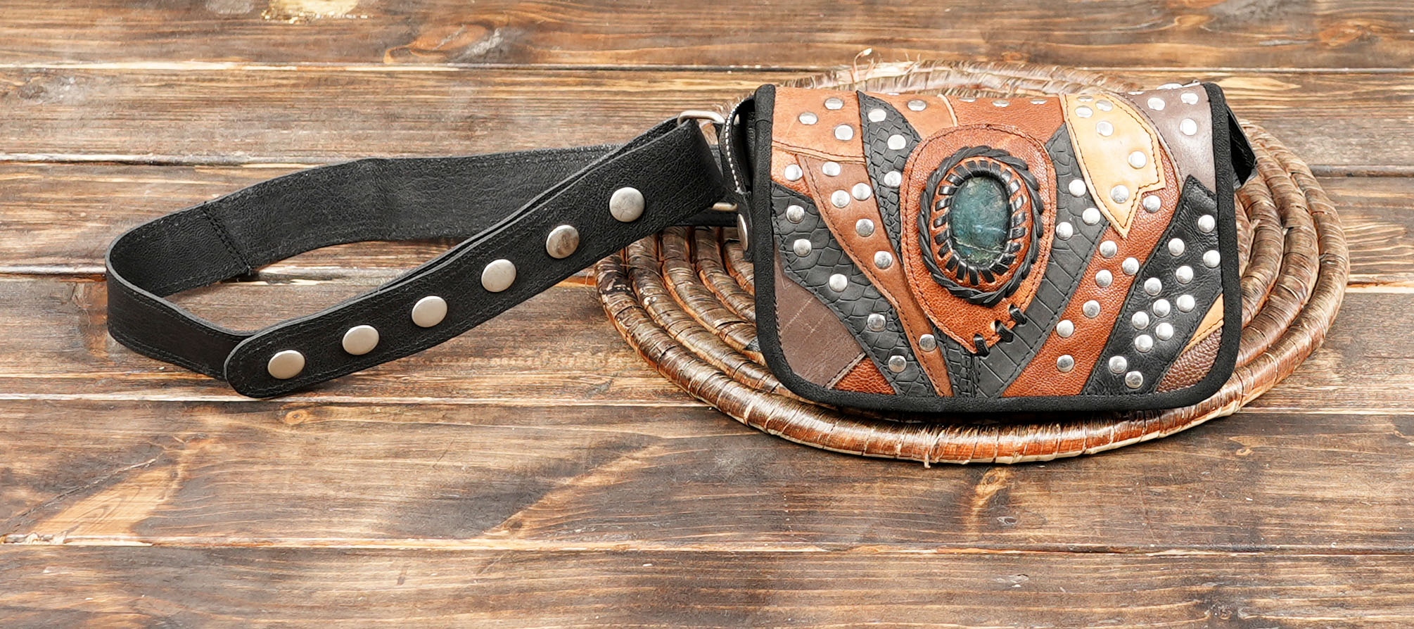 Handmade from genuine multicolor leather patchwork