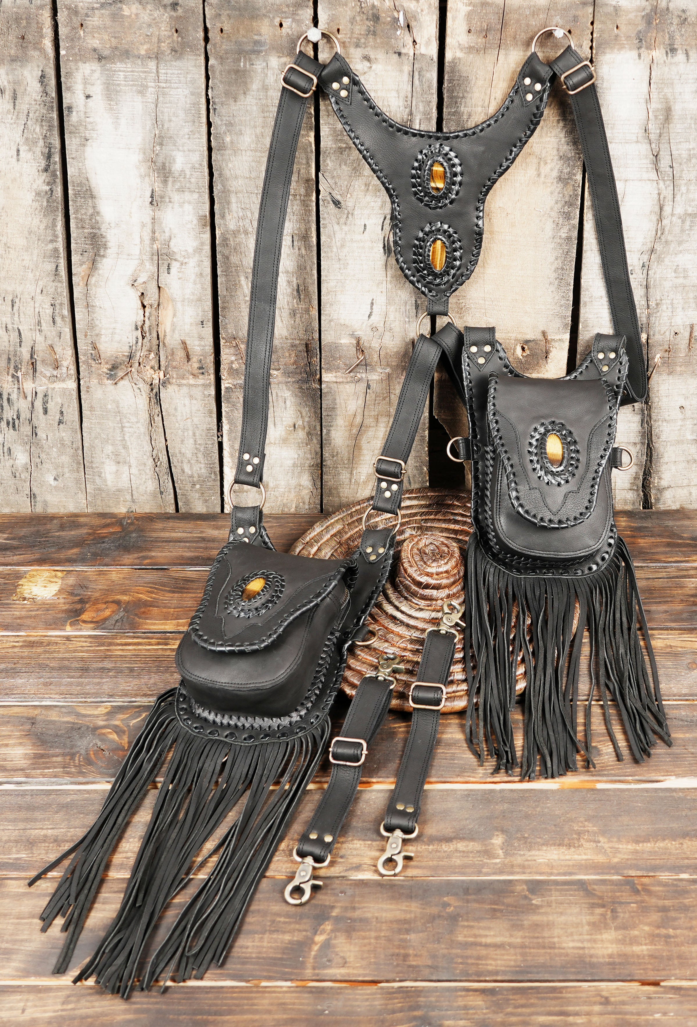 Dual pouch leather utility harness with adjustable shoulder straps