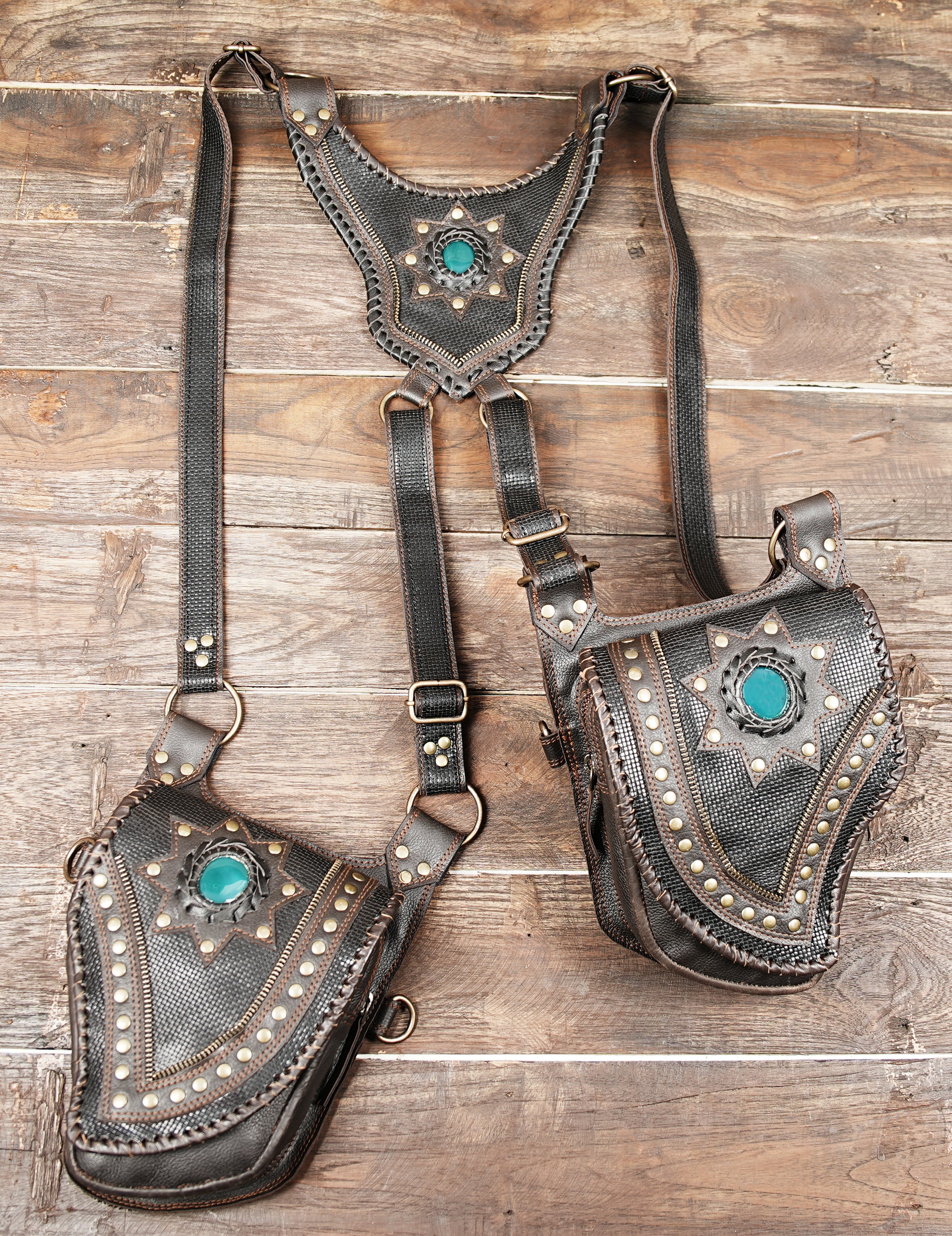 Artisan crafted leather holster with turquoise gemstone detail