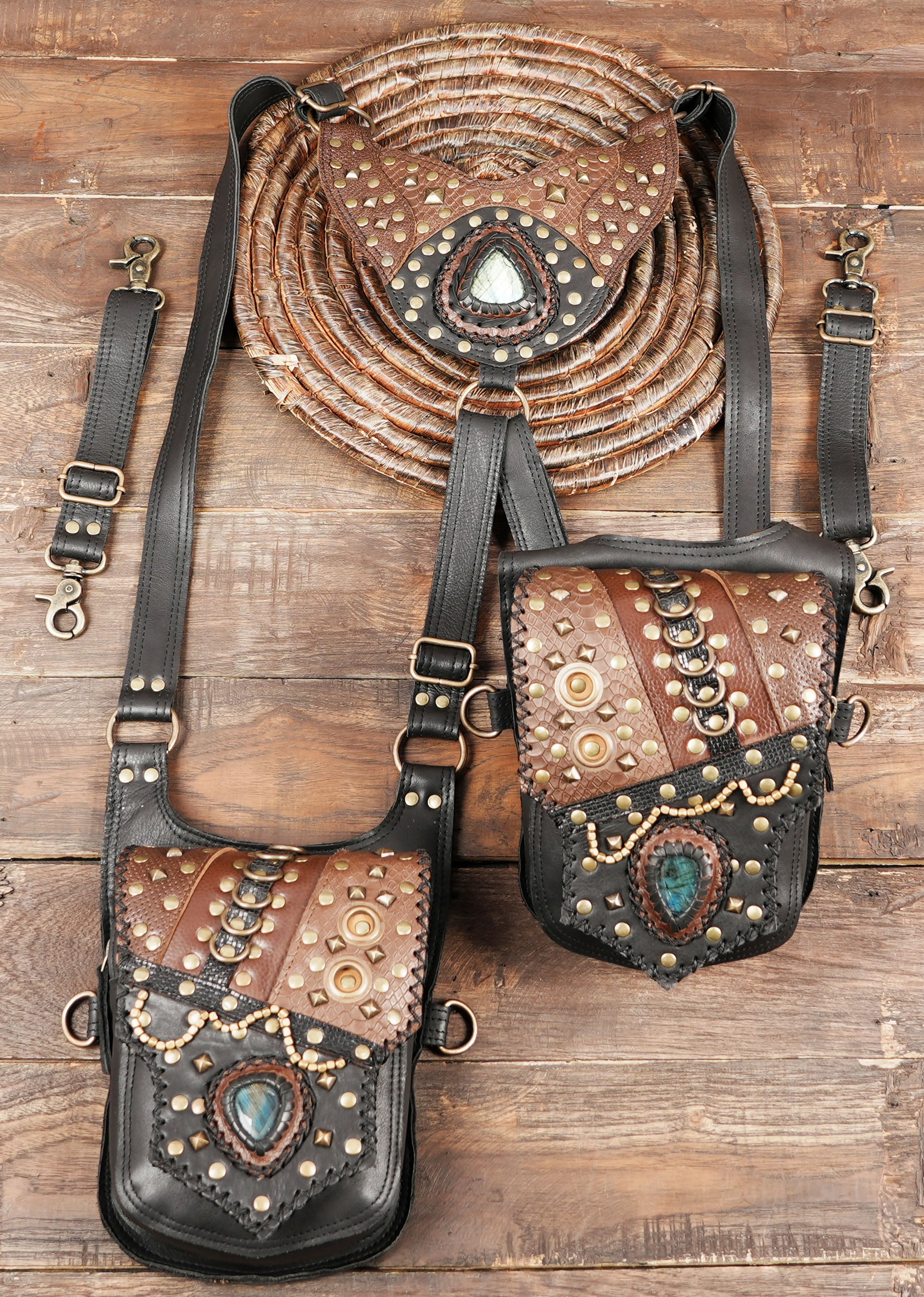 Handmade Brown Leather Holster Belt Festival Style Holster Belt with Two Pockets, Steampunk Leather Holster with Labradorite Gemstone