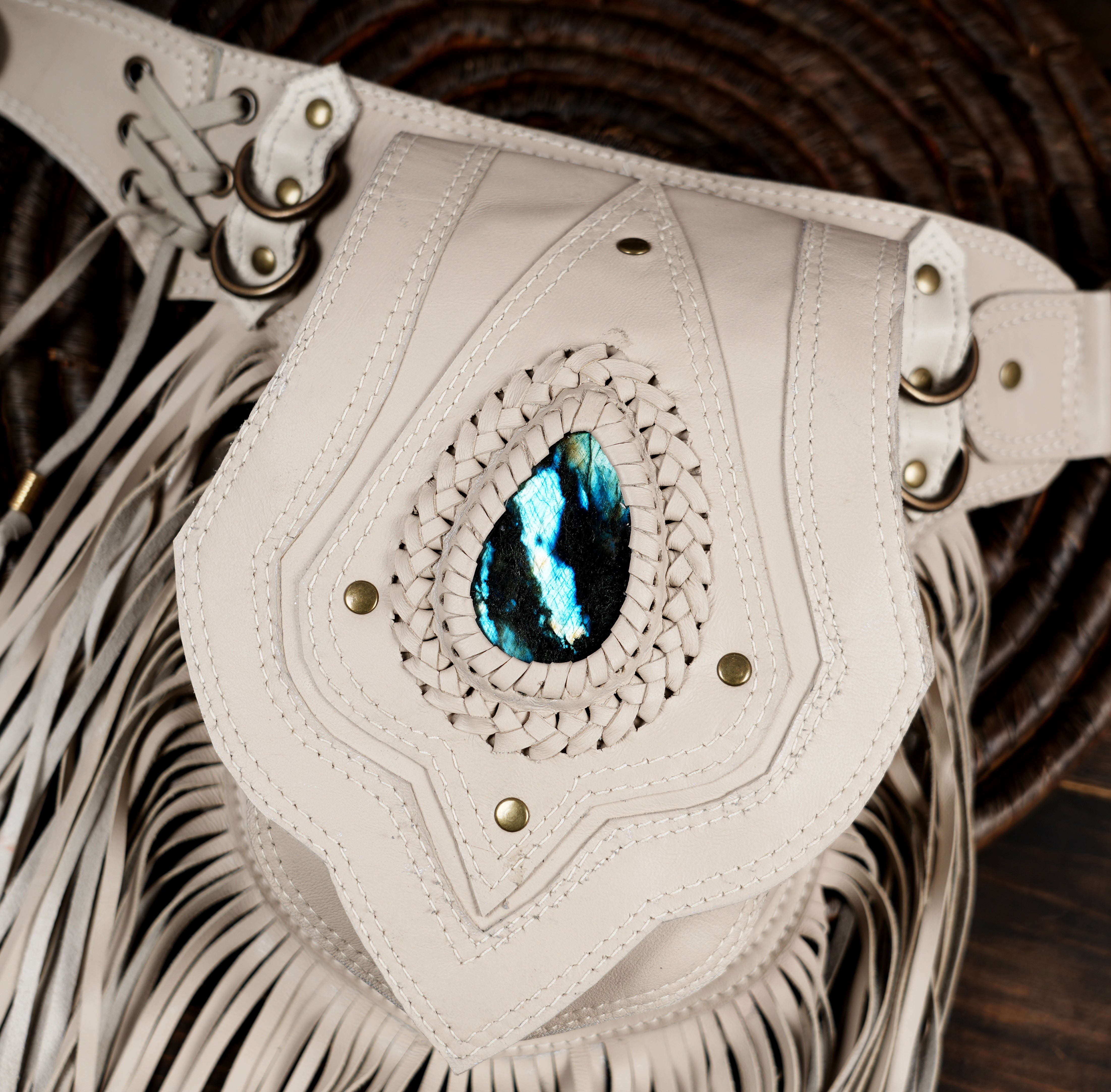 Handmade Black Leather Belt Bag: Gemstone Fanny Pack, Tribal Boho Style with unique picese