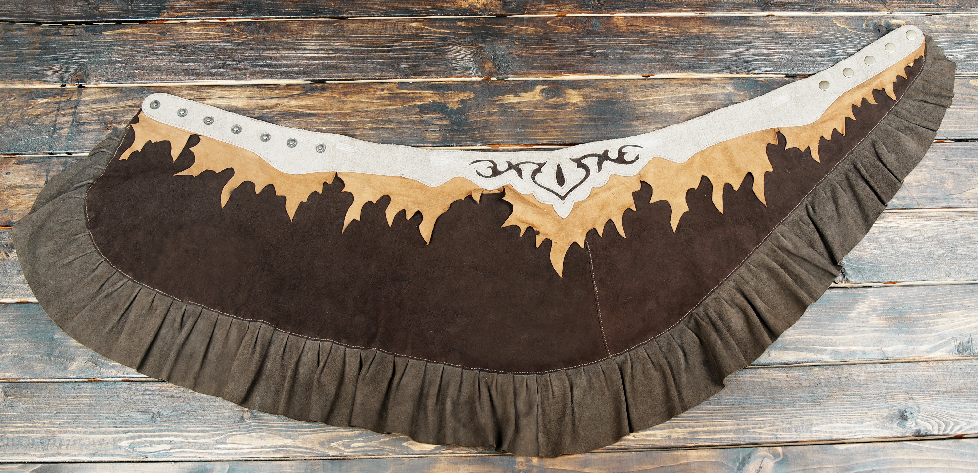 Artisan Handmade Suede Skirt with Boho Tribal Design and Fringe-Style Hemline”