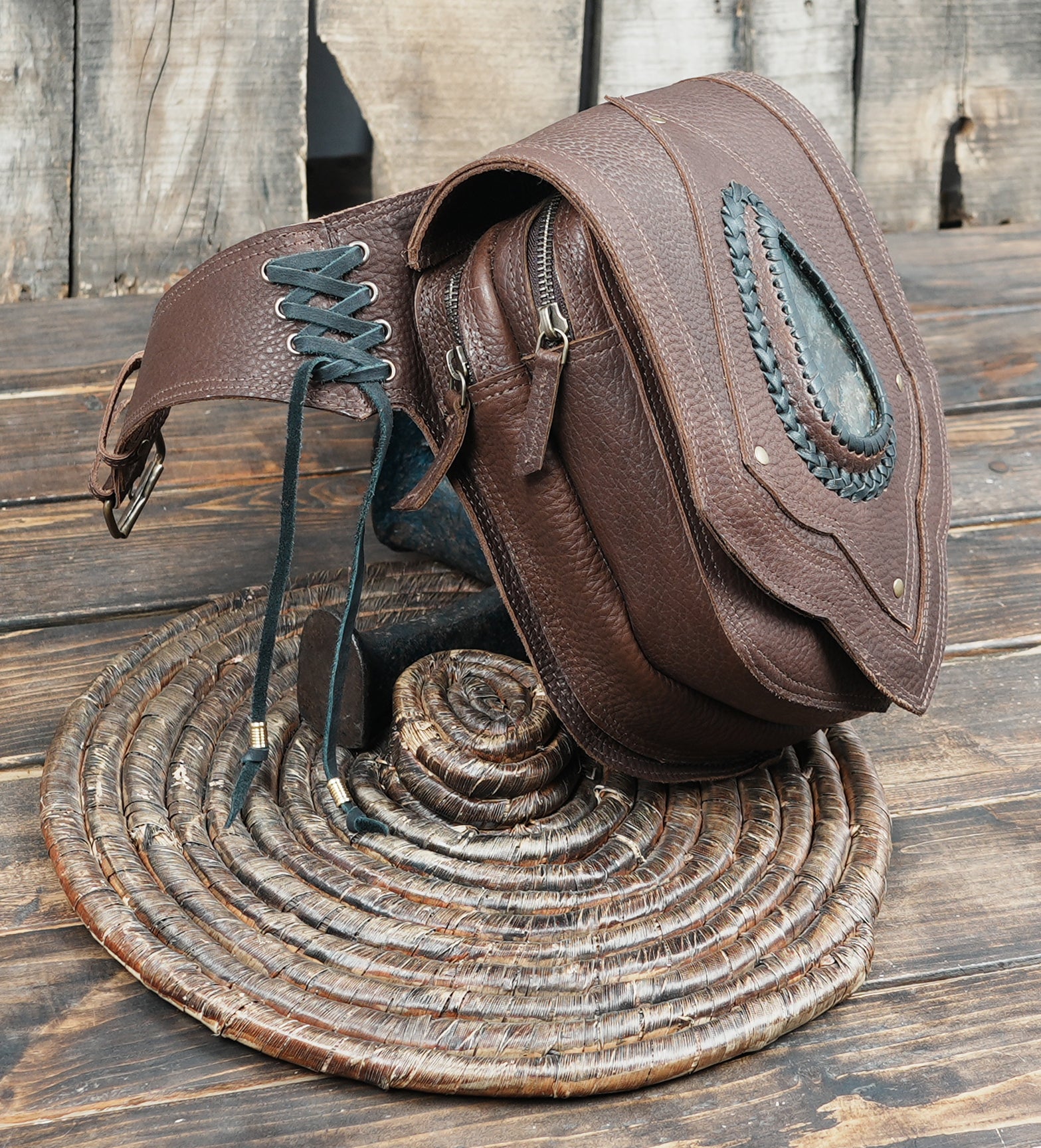 Fantasy style brown leather waist holster bag with decorative stone inlay