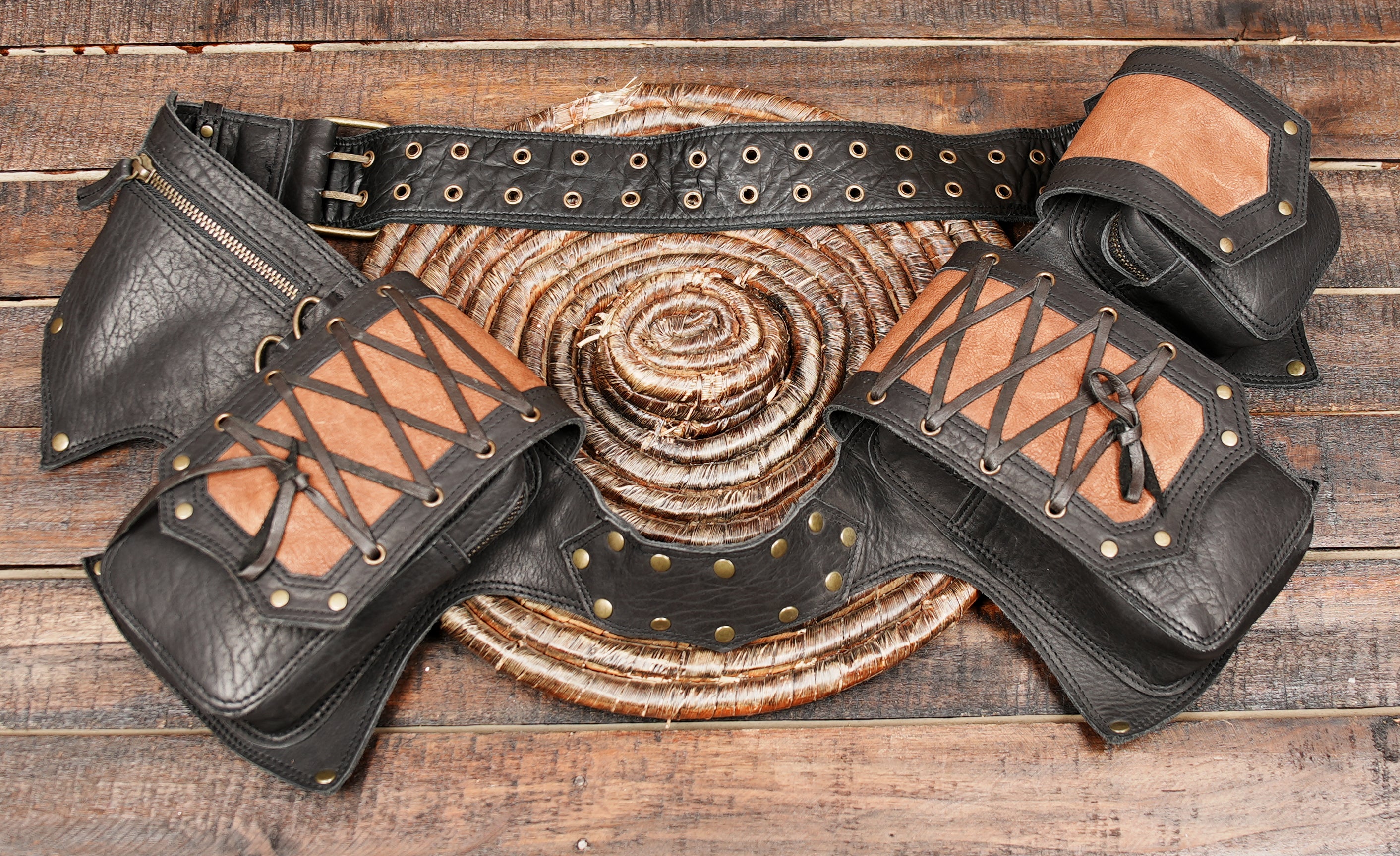 Genuine Leather Waist Belt with Storage Pockets – Boho & Gothic Festival Style