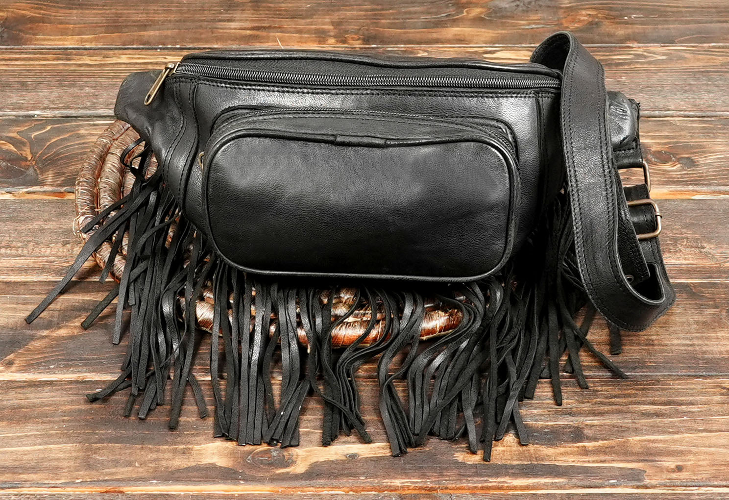 Western style leather waist pouch with fringe for women and men