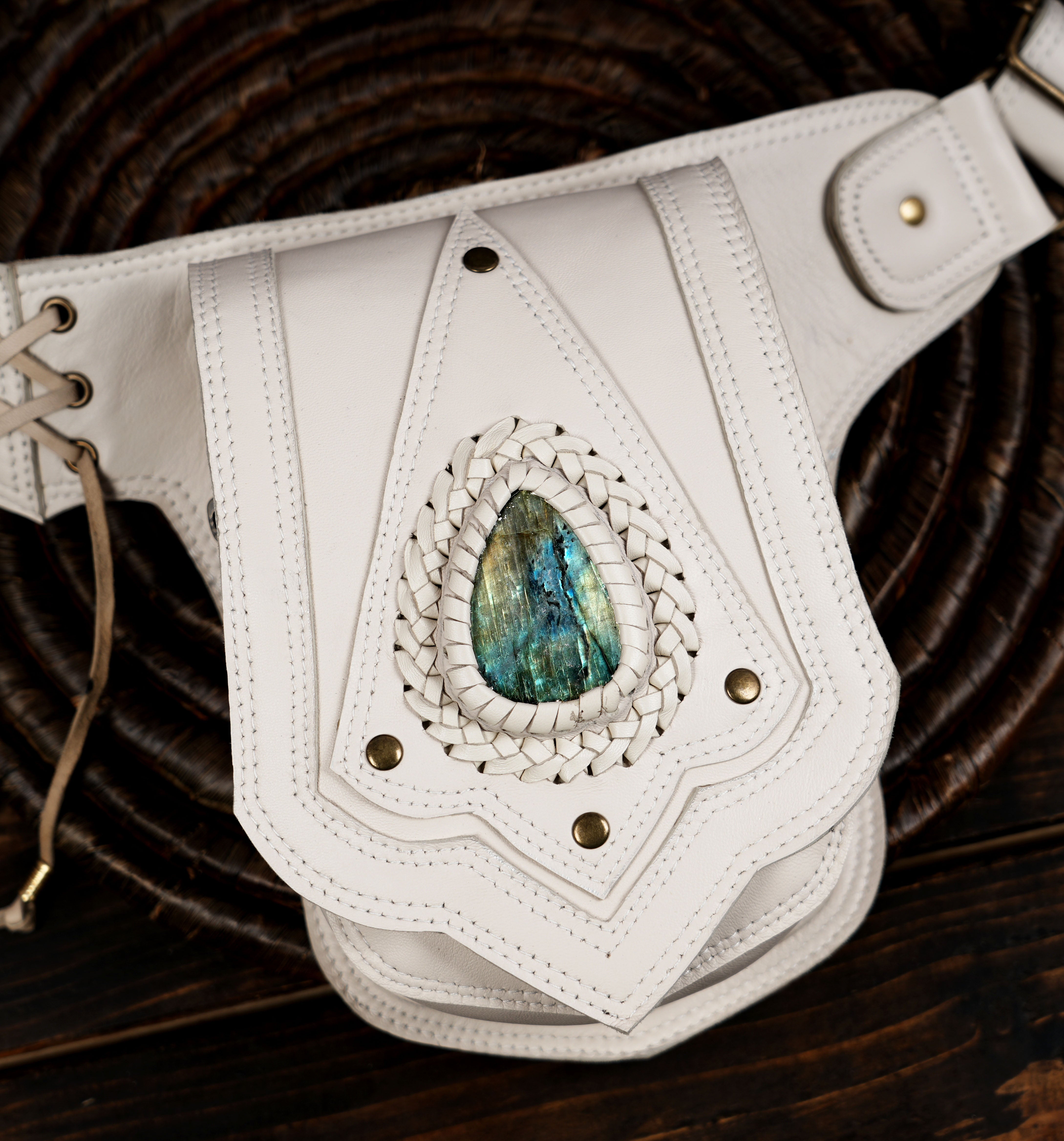 Boho festival hip bag in white leather with gemstone detail