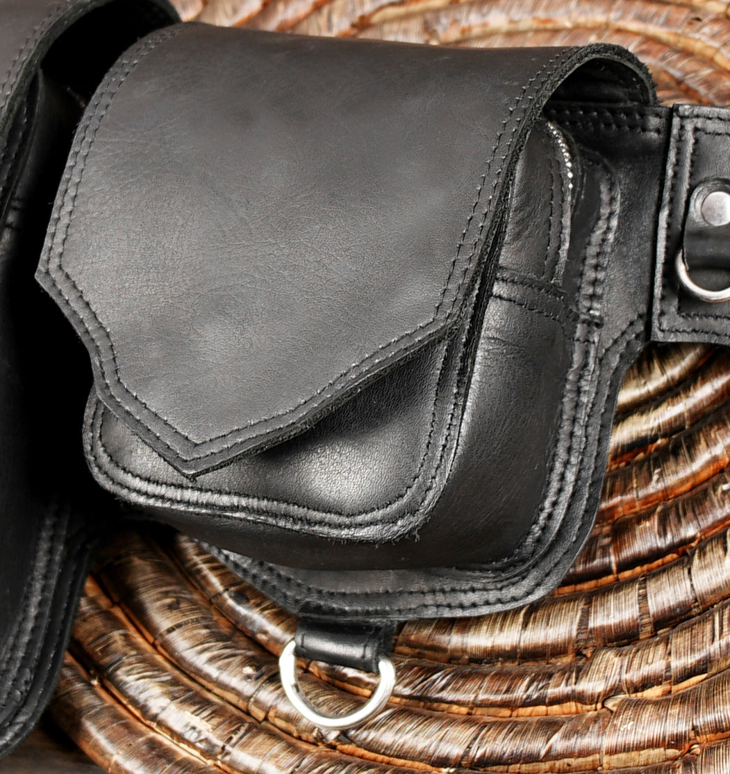 Men's or Women's Black Leather Hip Bag, Small Convertible Crossbody Purse, Hip Clip Belt Loop with steel metal 
