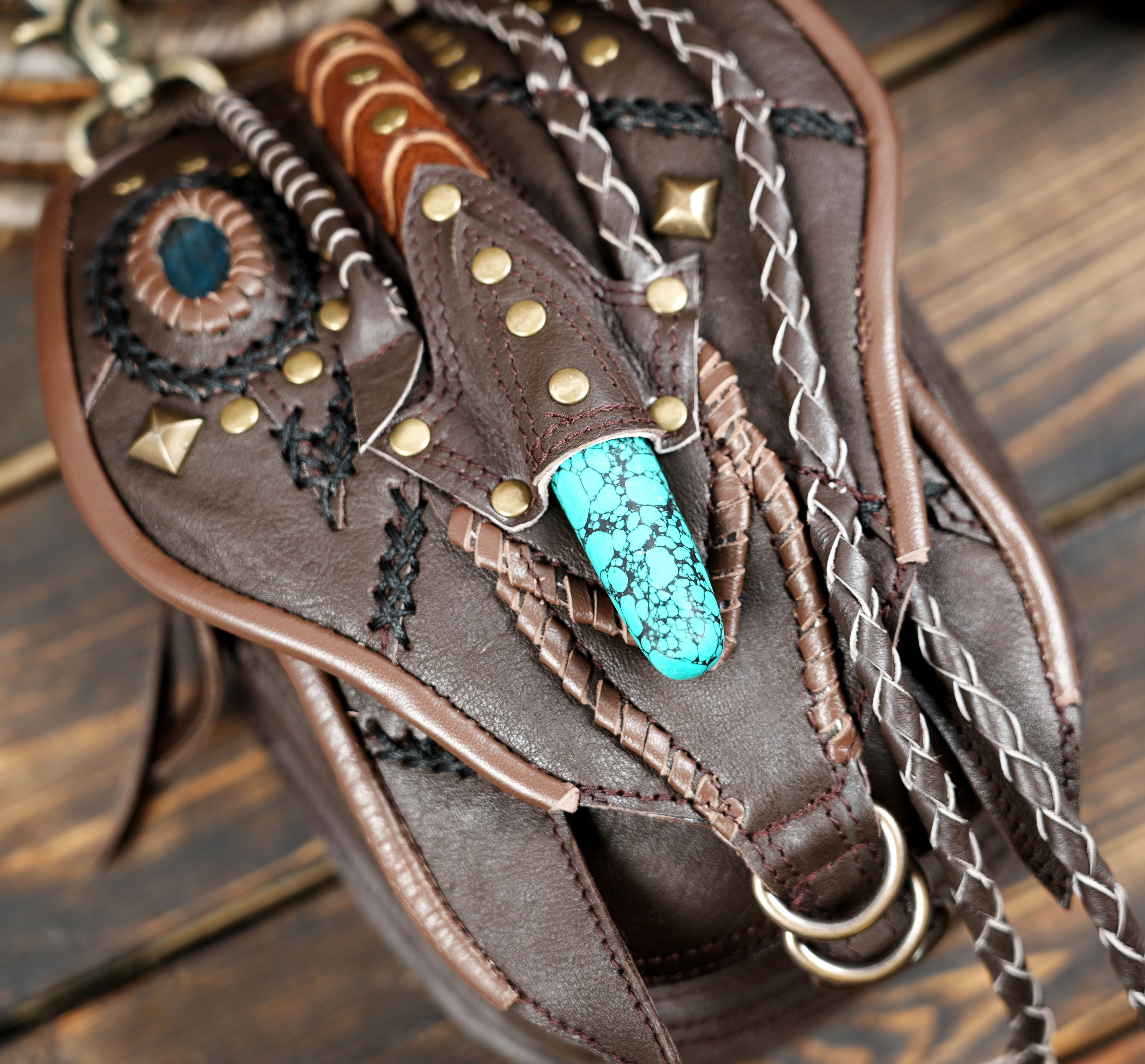 Unisex boho utility belt featuring detailed leatherwork and natural gemstone