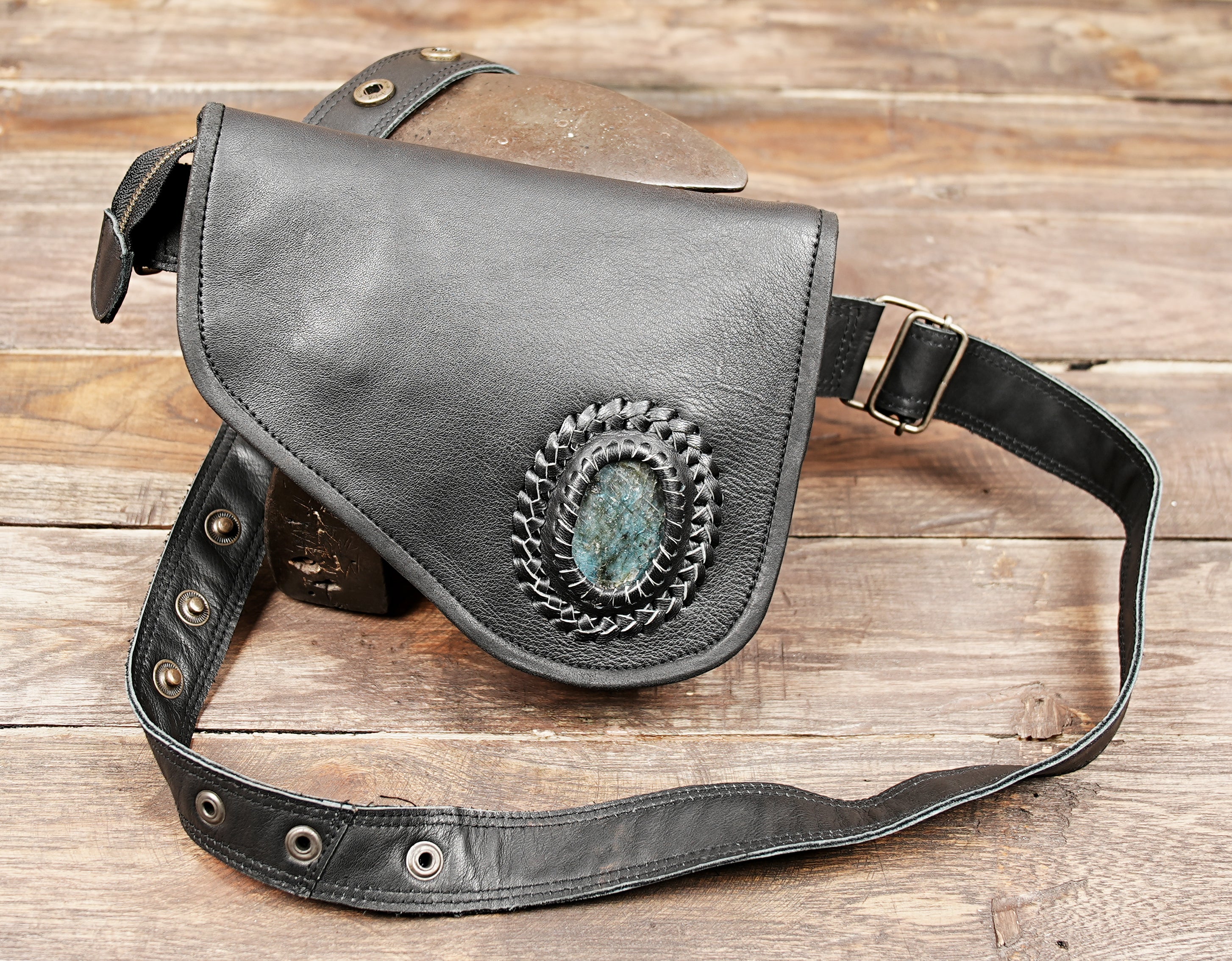 Steampunk leather waist bag with gemstone detail