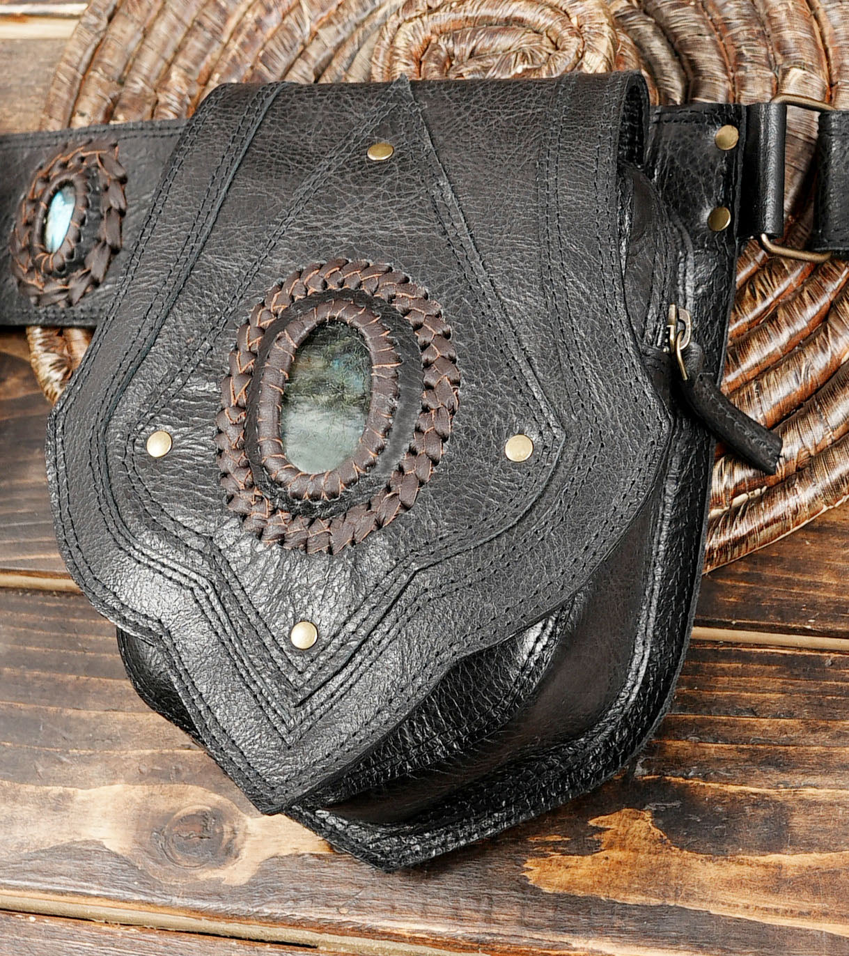 Brown Tribal Leather Waist Belt with labradorite gemstone – Gothic Boho Hip Bag with Stone Accents  (LT-AB-WB-6080)