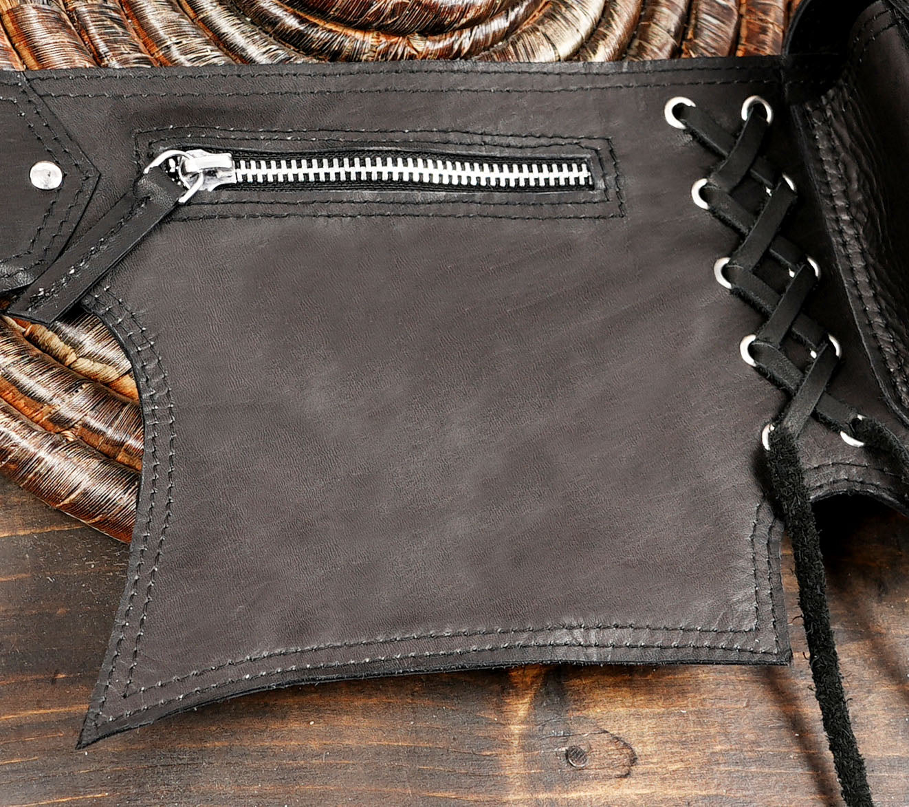 Handmade Black Leather Fringe Waist Bag: Labradorite Gemstone Belt Pouch with small zipper pouch 