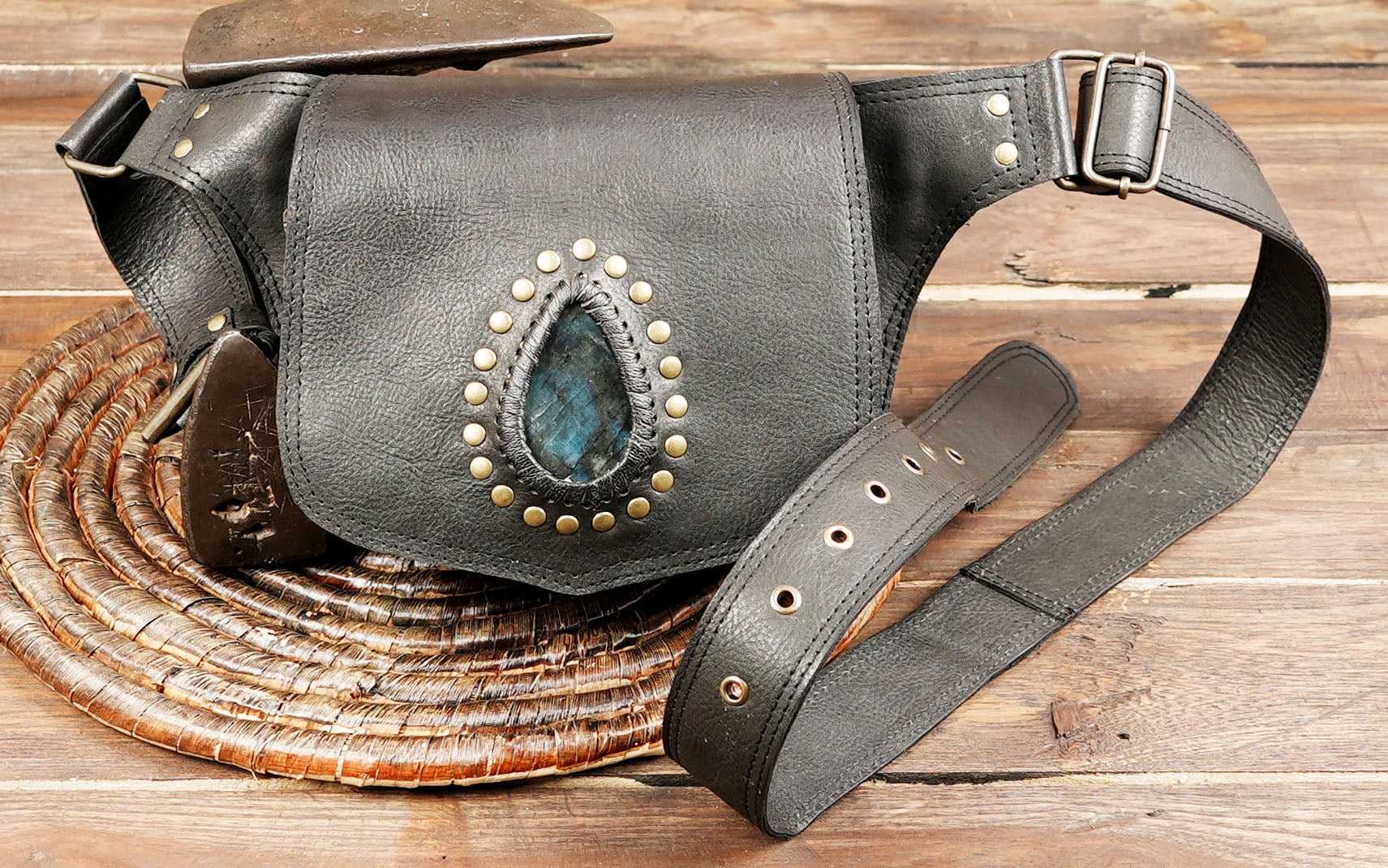 Handmade Black Leather Belt Bag: Gemstone Fanny Pack, Tribal Boho Style with metal lock 