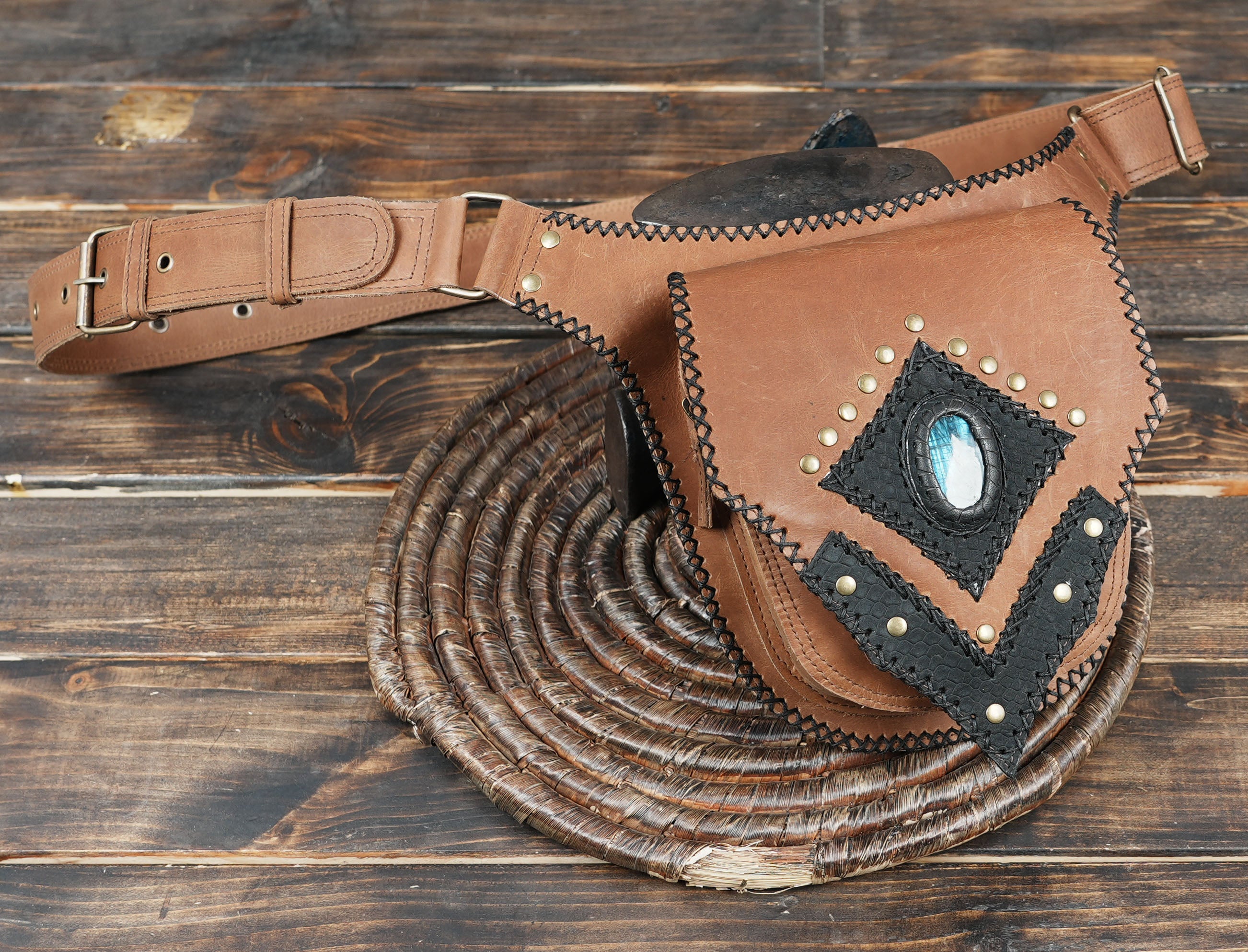 Tribal boho waist belt with turquoise blue stone and black trim