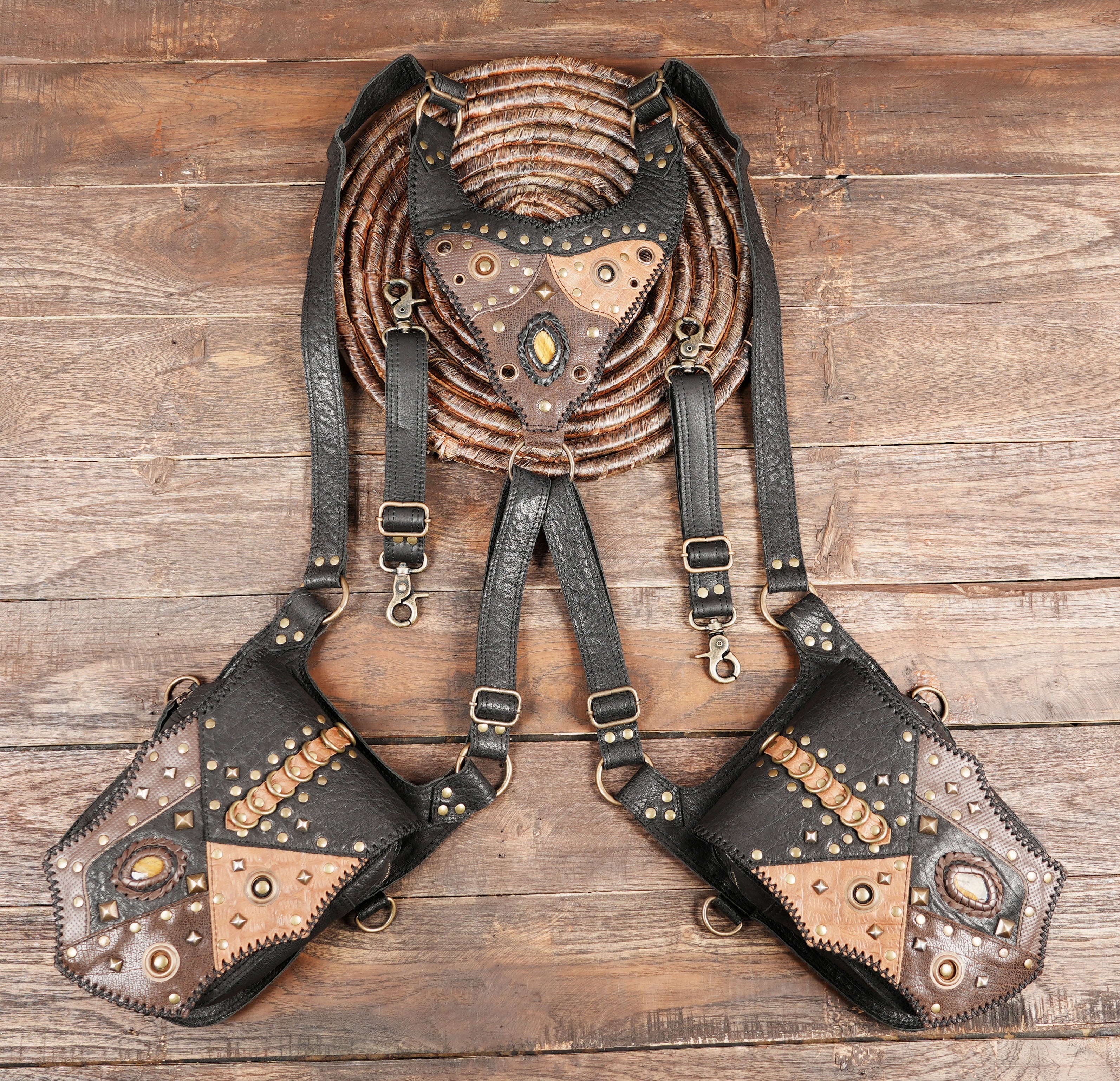 Leather Holster Bag, Unisex Festival Bag, Black Shoulder bag, Hipster bag, Chest Bag, Festival Pocket, Double Holster Pocket with strape lock metal