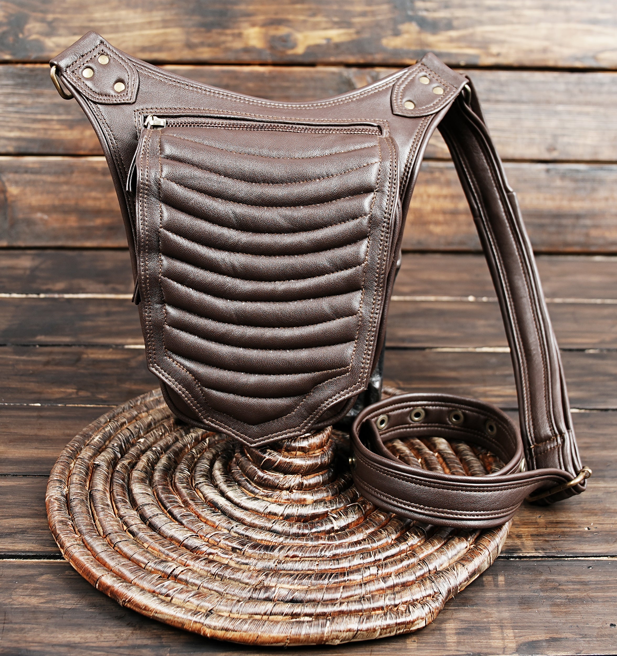 Handmade leather fanny pack styled on waist