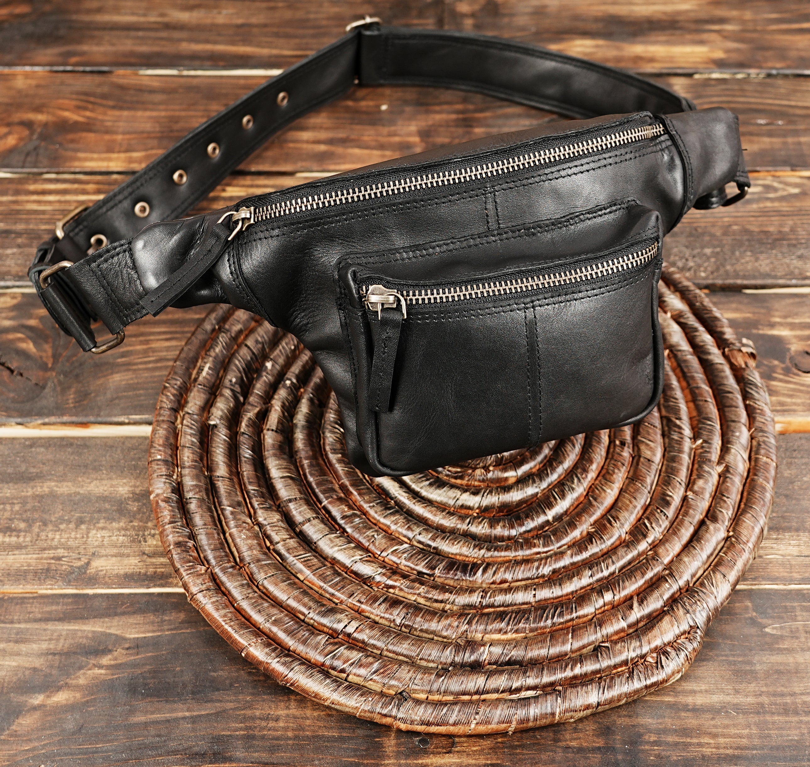 Genuine leather black belt bag with silver zippers