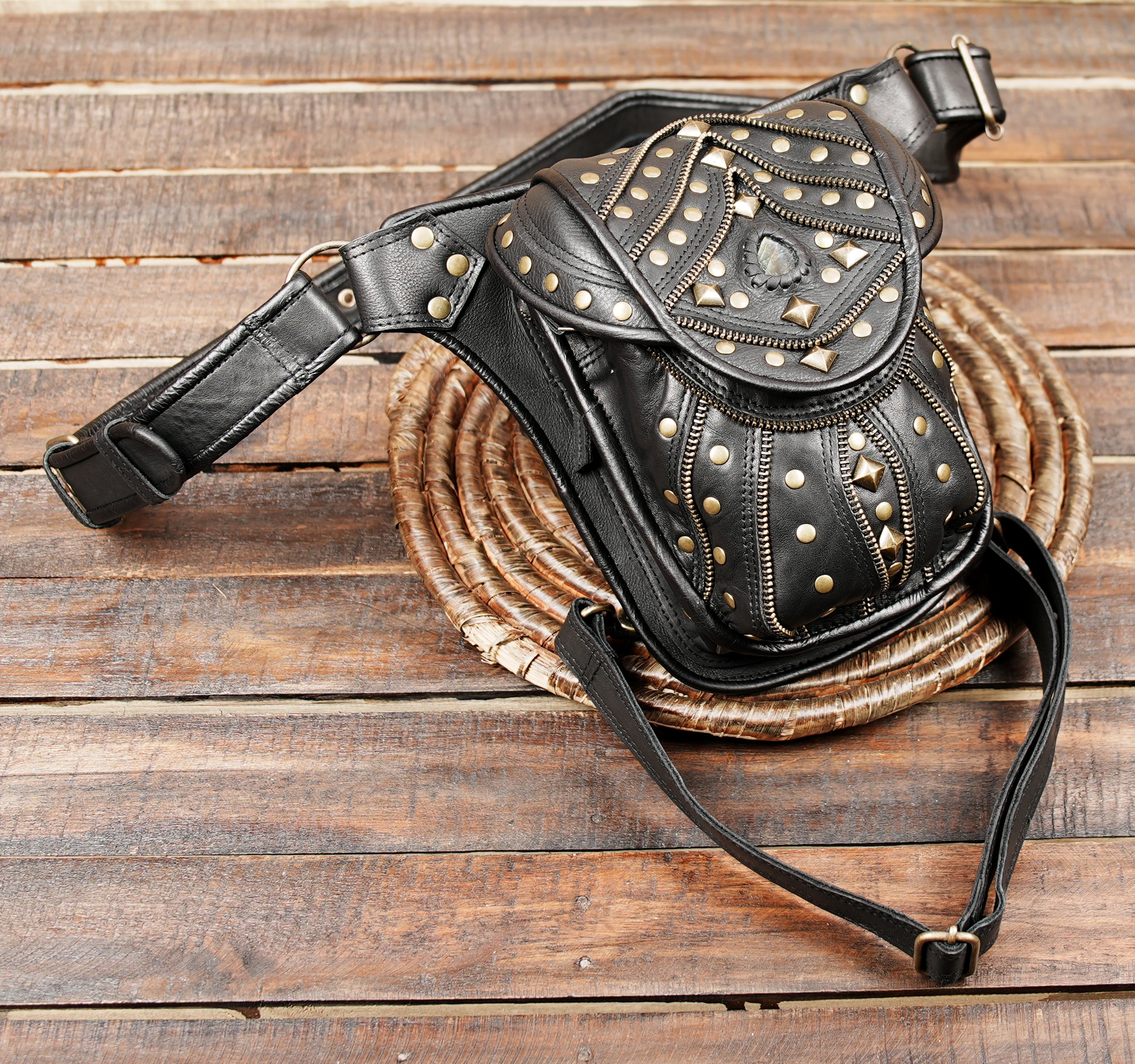 brown leather utility belt pouch with real gems stone and unique pieces 