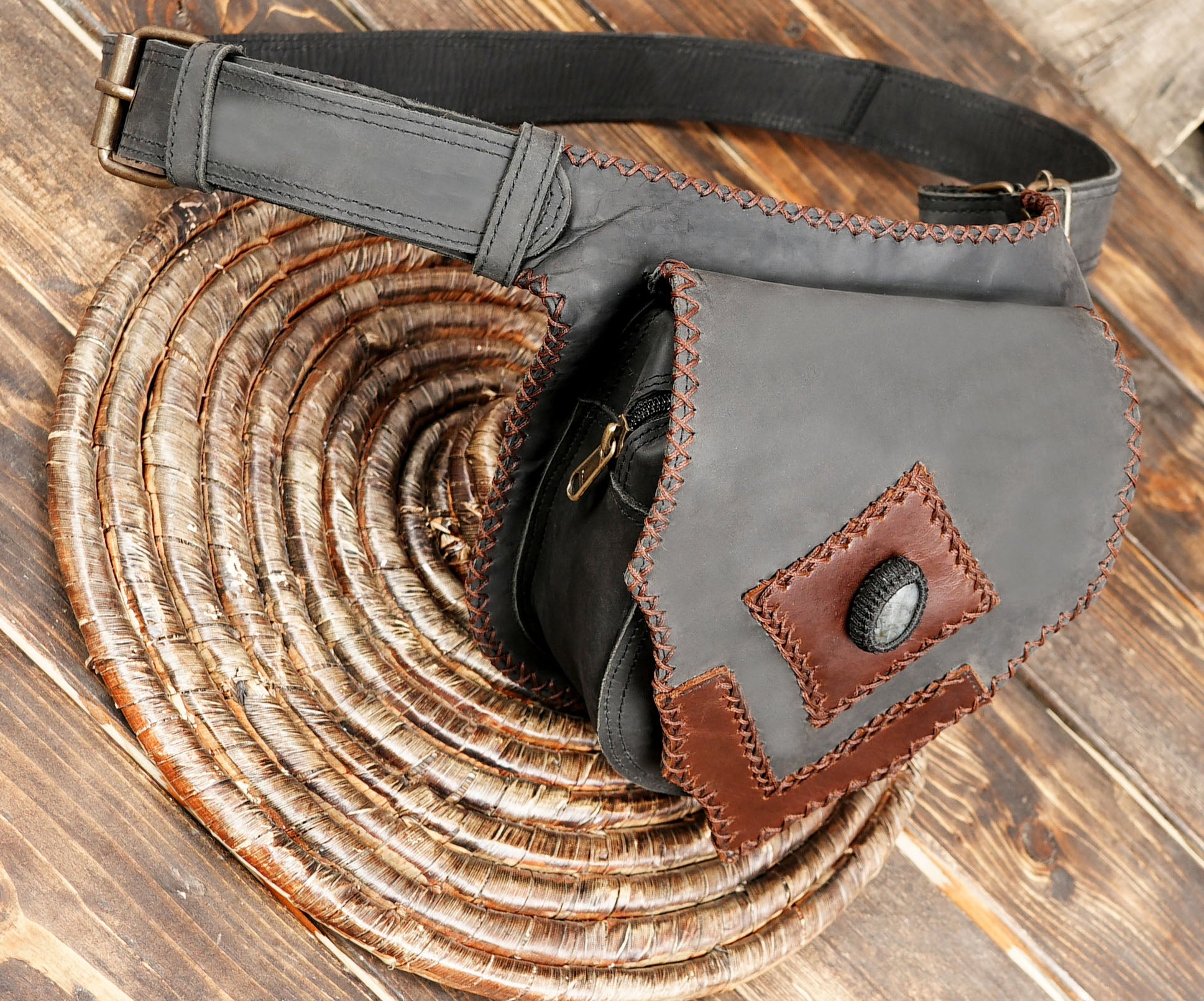 Steampunk Leather Waist Pouch – Handmade Tribal Gothic Festival Bag