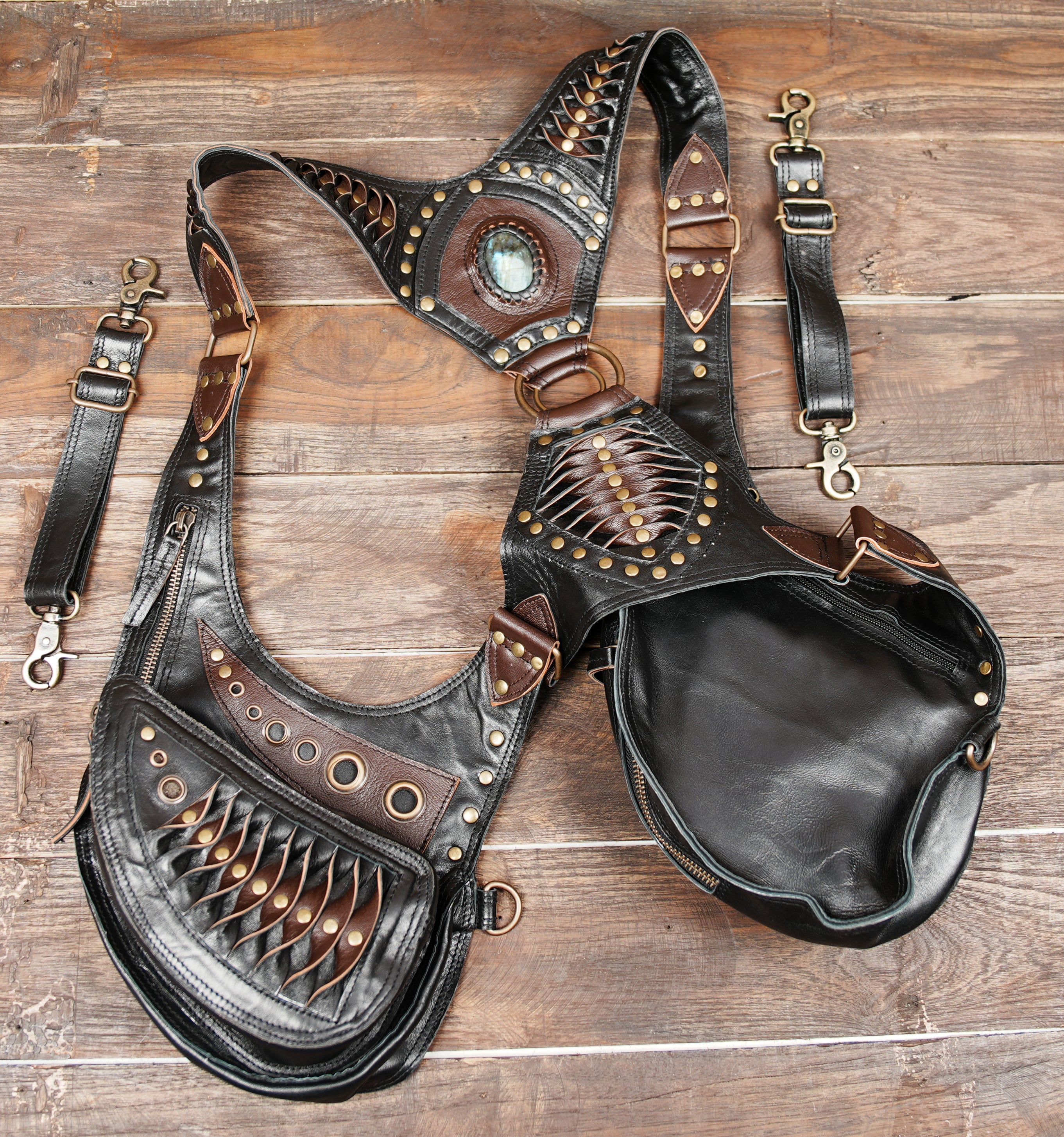 Black & Brown Leather Holster with Gemstone – Burning Man & Cosplay Utility Harness